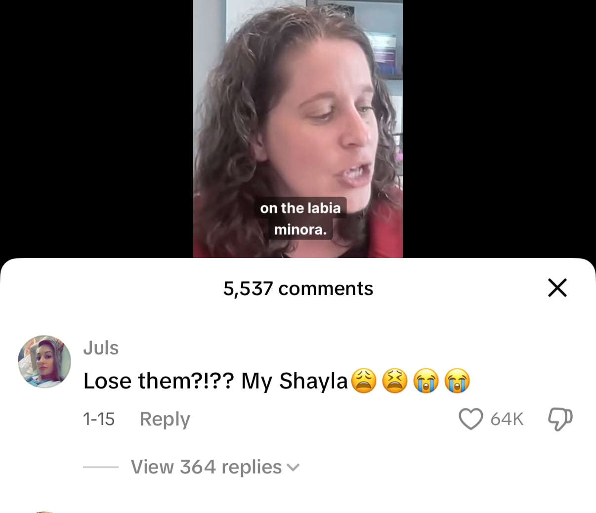 Screenshot of a TikTok comment saying "Lose them?!?? My Shayla" under a video by Dr. Rachel Rubin.