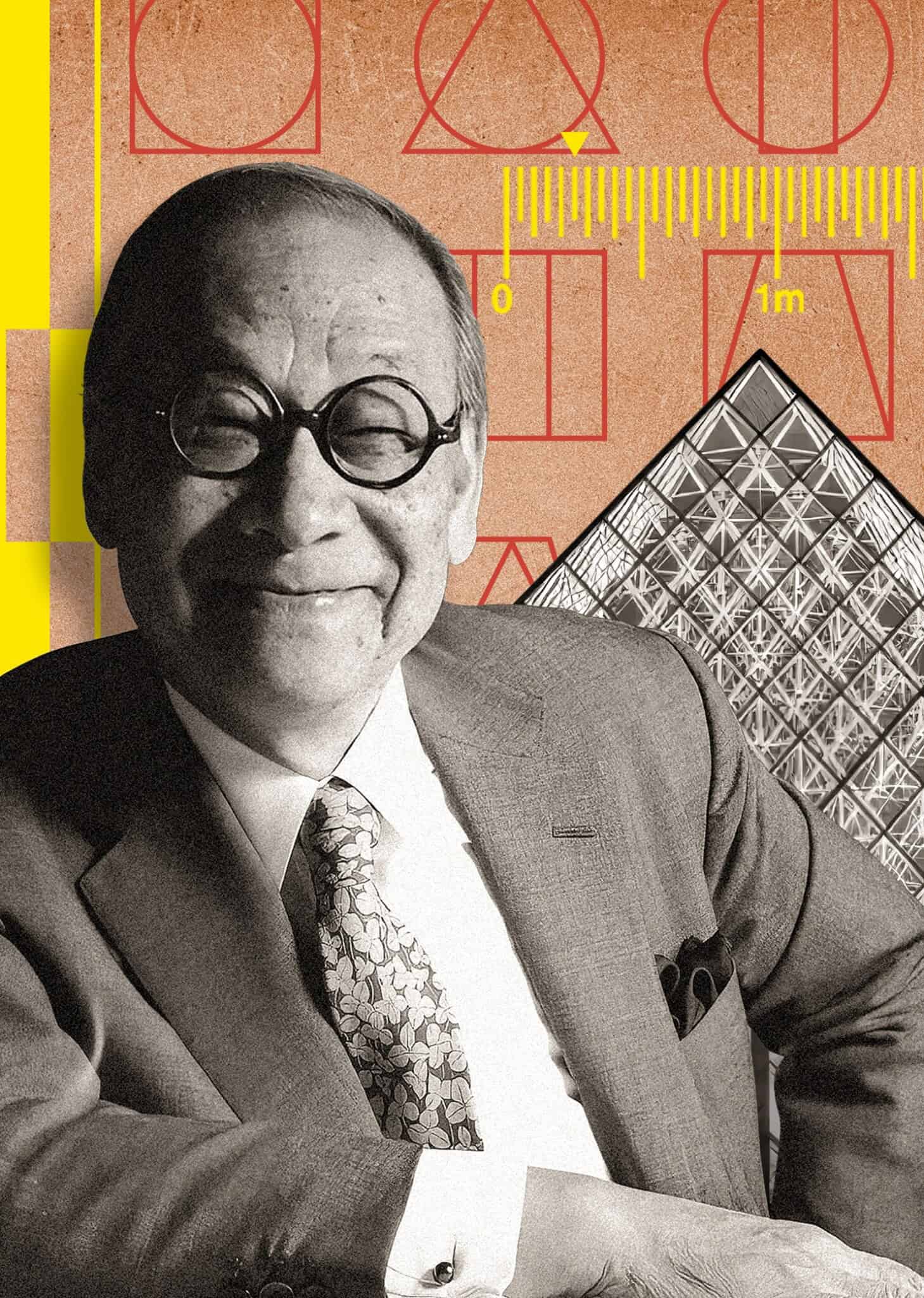 Photo collage of Ieoh Ming Pei in front of the glass pyramid he designed for the Louvre.