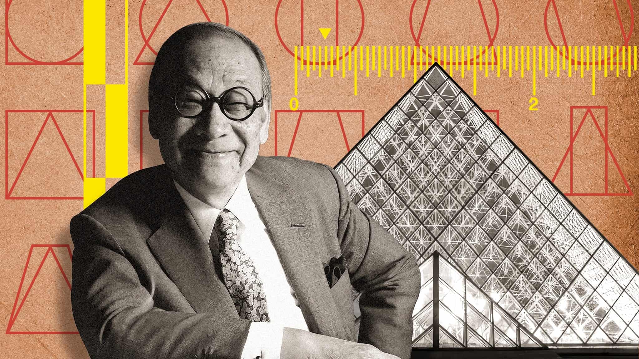 Photo collage of Ieoh Ming Pei in front of the glass pyramid he designed for the Louvre.