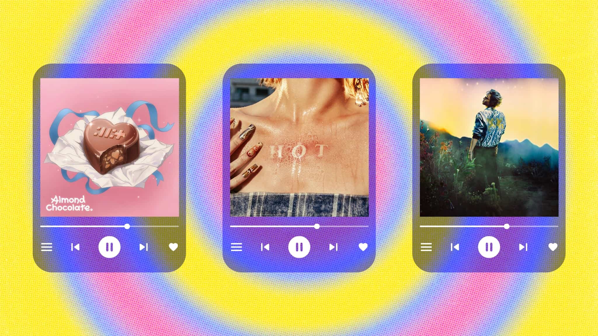 From left, cover art for “Almond Chocolate” by ILLIT, “HOT” by LE SSERAFIM, and “Wait On Me” by KAI.