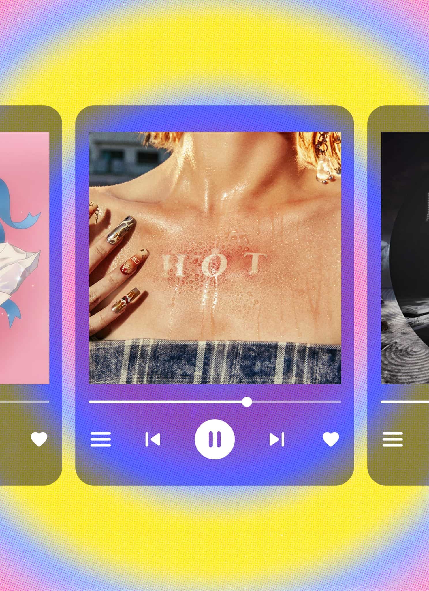 From left, cover art for “Almond Chocolate” by ILLIT, “HOT” by LE SSERAFIM, and “Wait On Me” by KAI.