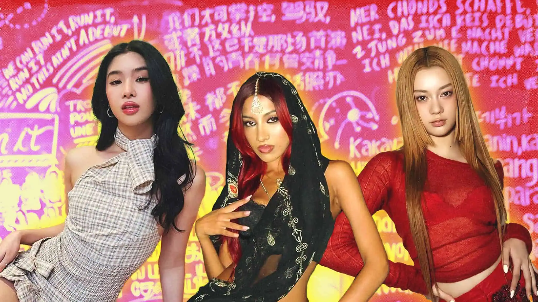 From left, Sophia, Lara, and Megan of KATSEYE.