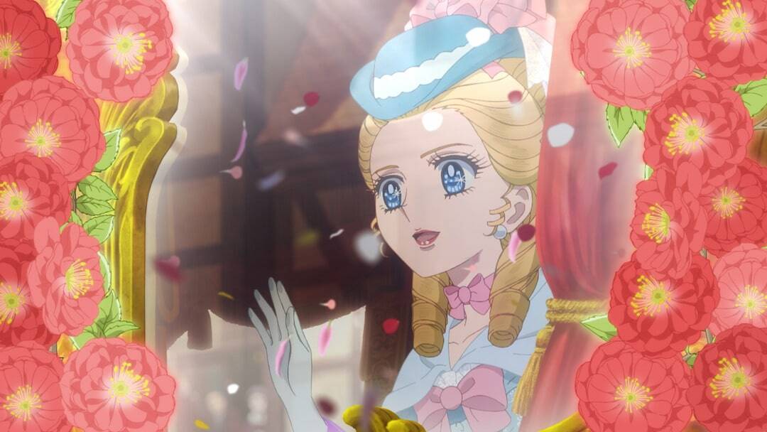 An anime illustrated woman with blonde hair and blue eyes, in a blue hat, and one hand raised in a wave, surrounded by red flowers.