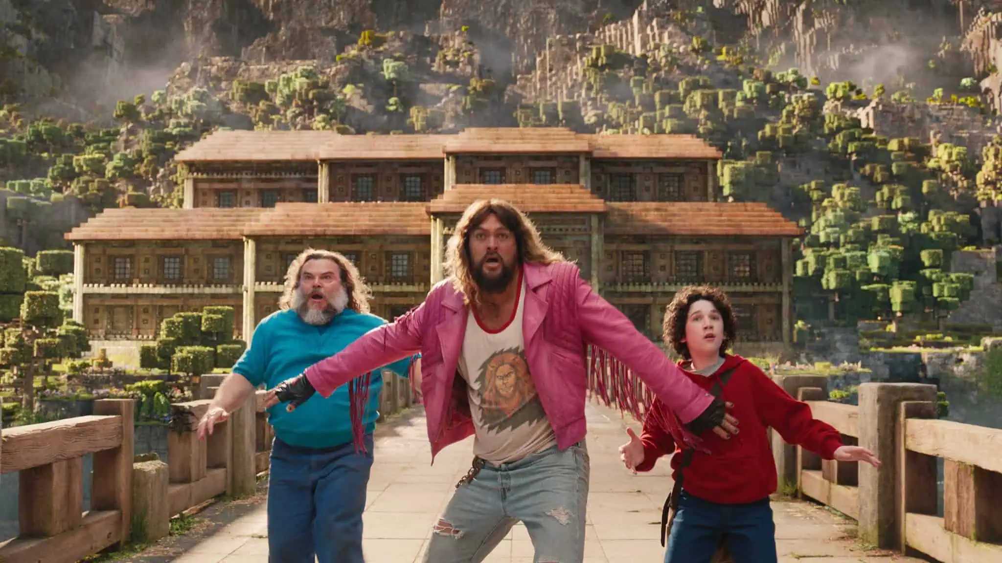 JACK BLACK as Steve, JASON MOMOA as Garrett and SEBASTIAN HANSEN as Henry in Warner Bros. Pictures’ and Legendary Pictures’ “A Minecraft Movie,” a Warner Bros. Pictures release.