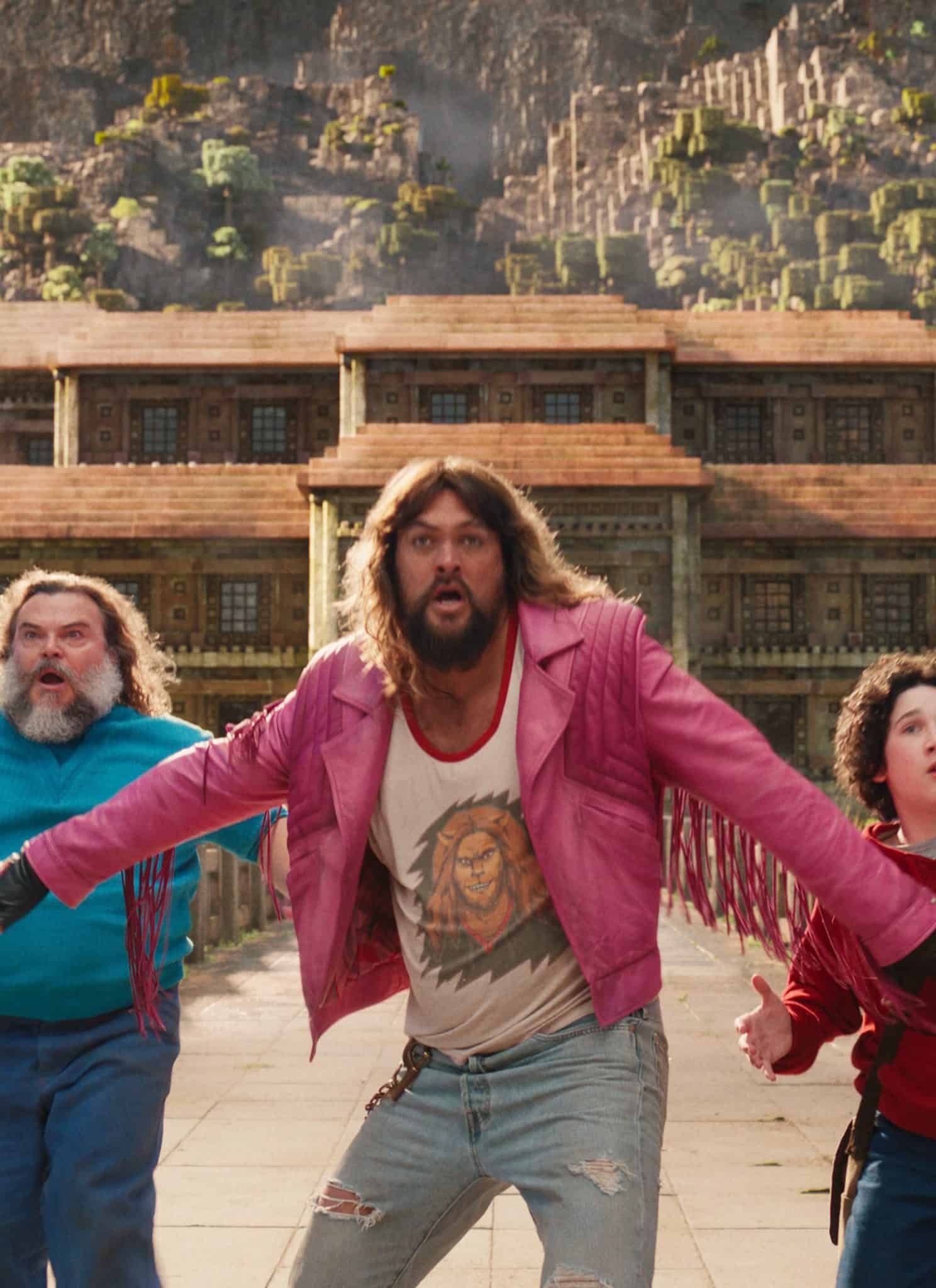 JACK BLACK as Steve, JASON MOMOA as Garrett and SEBASTIAN HANSEN as Henry in Warner Bros. Pictures’ and Legendary Pictures’ “A Minecraft Movie,” a Warner Bros. Pictures release.