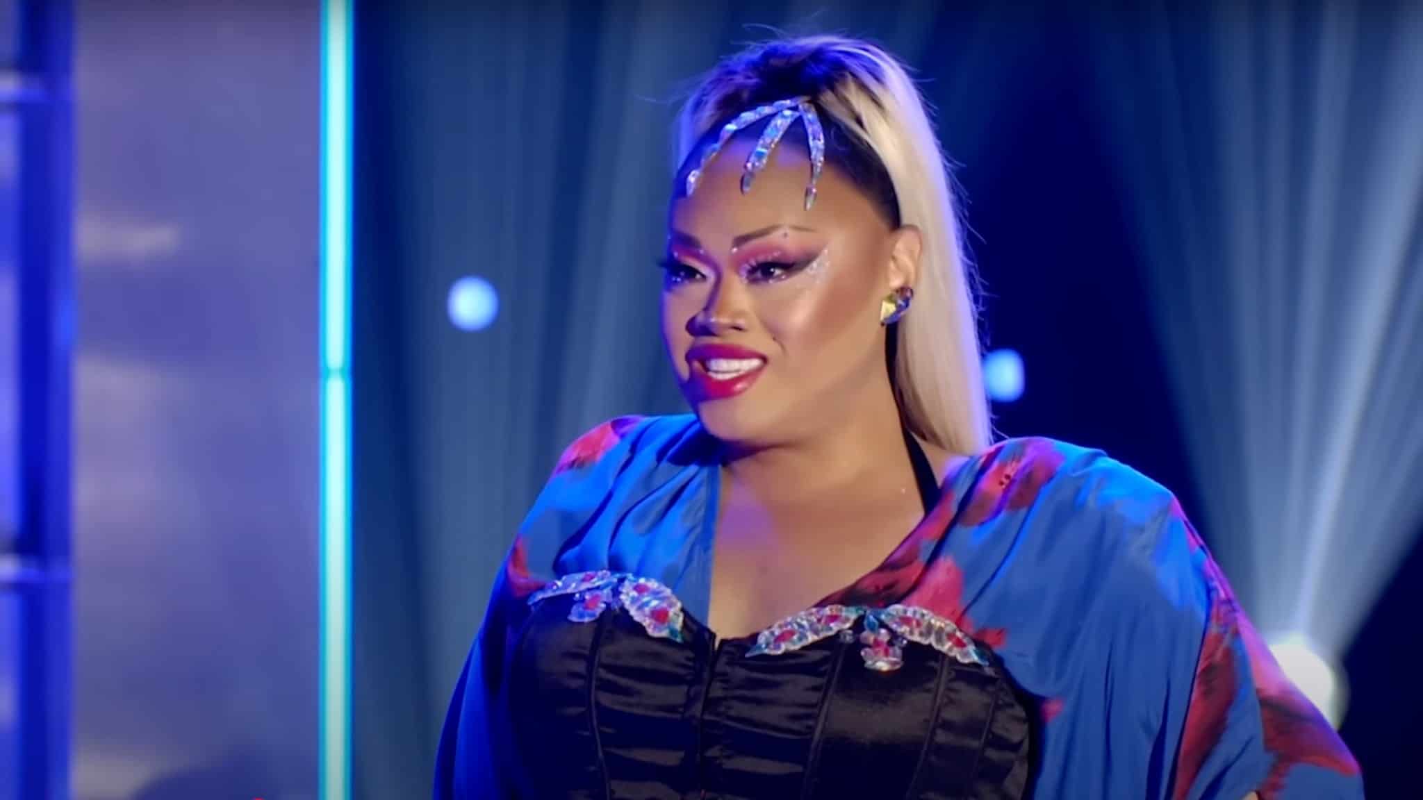 Jiggly Caliente in RuPaul's Drag Race in blue outfit.