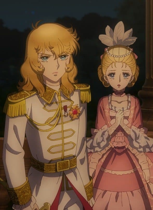 Two anime illustrated women, one in a military uniform, one in a pink gown, stand together with a while pillar behind them.