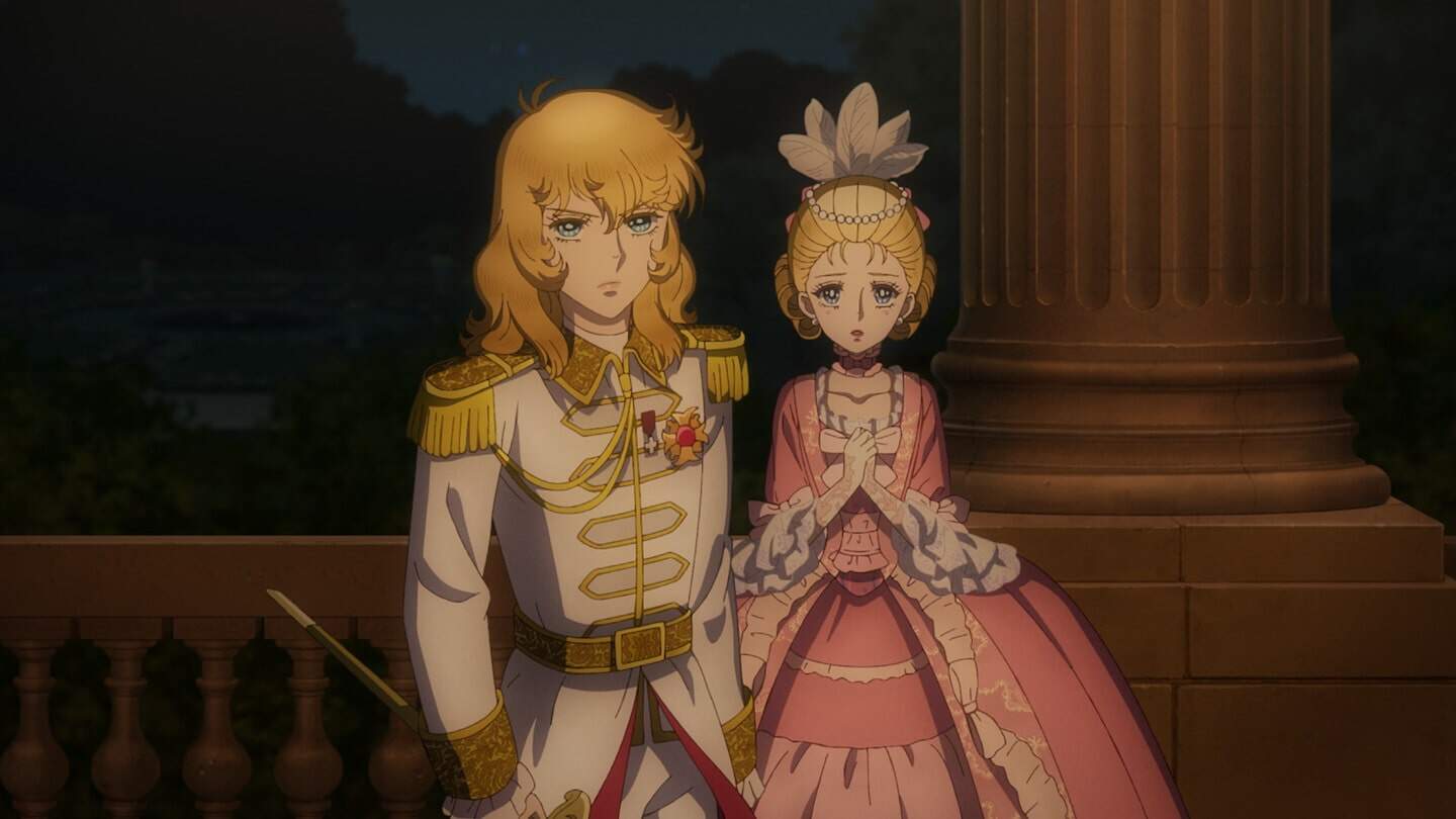 Two anime illustrated women, one in a military uniform, one in a pink gown, stand together with a while pillar behind them.