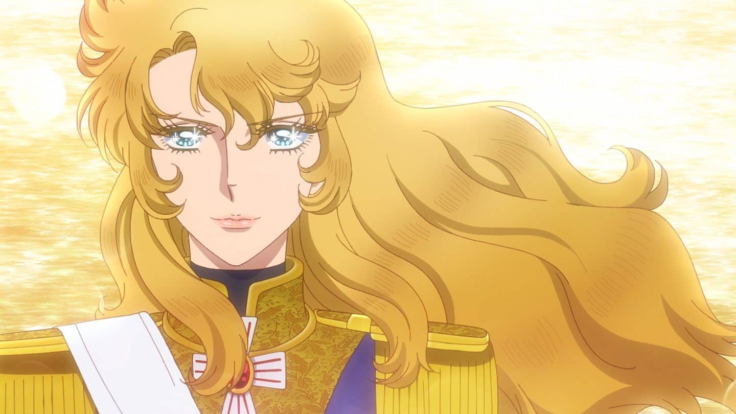 An anime illustration of a woman with blonde hair and blue eyes, dressed in a military uniform, against a gold background.