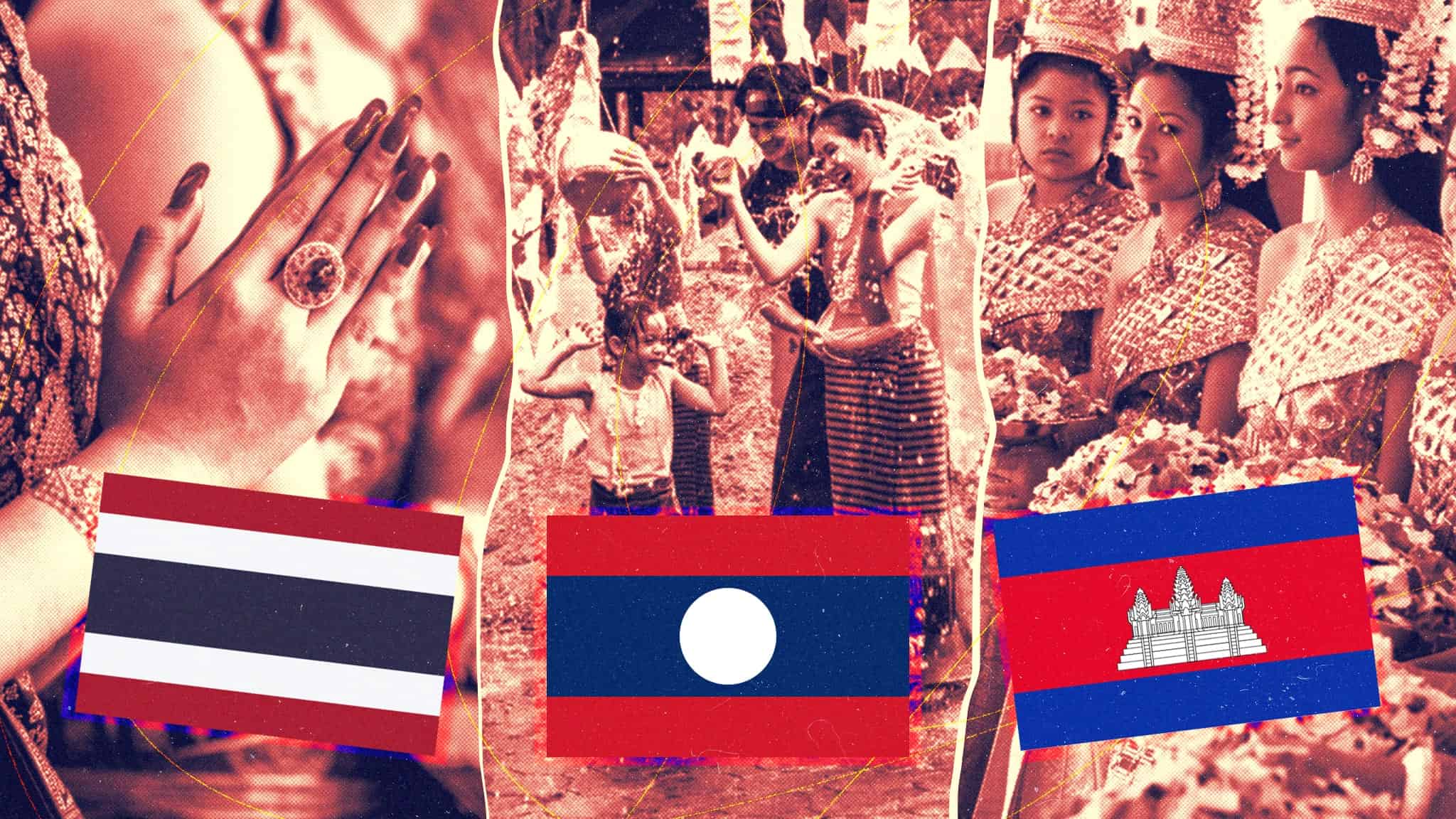 Collage featuring Thailand, Laos, and Cambodia flags with people celebrating TLC New Year in the background.