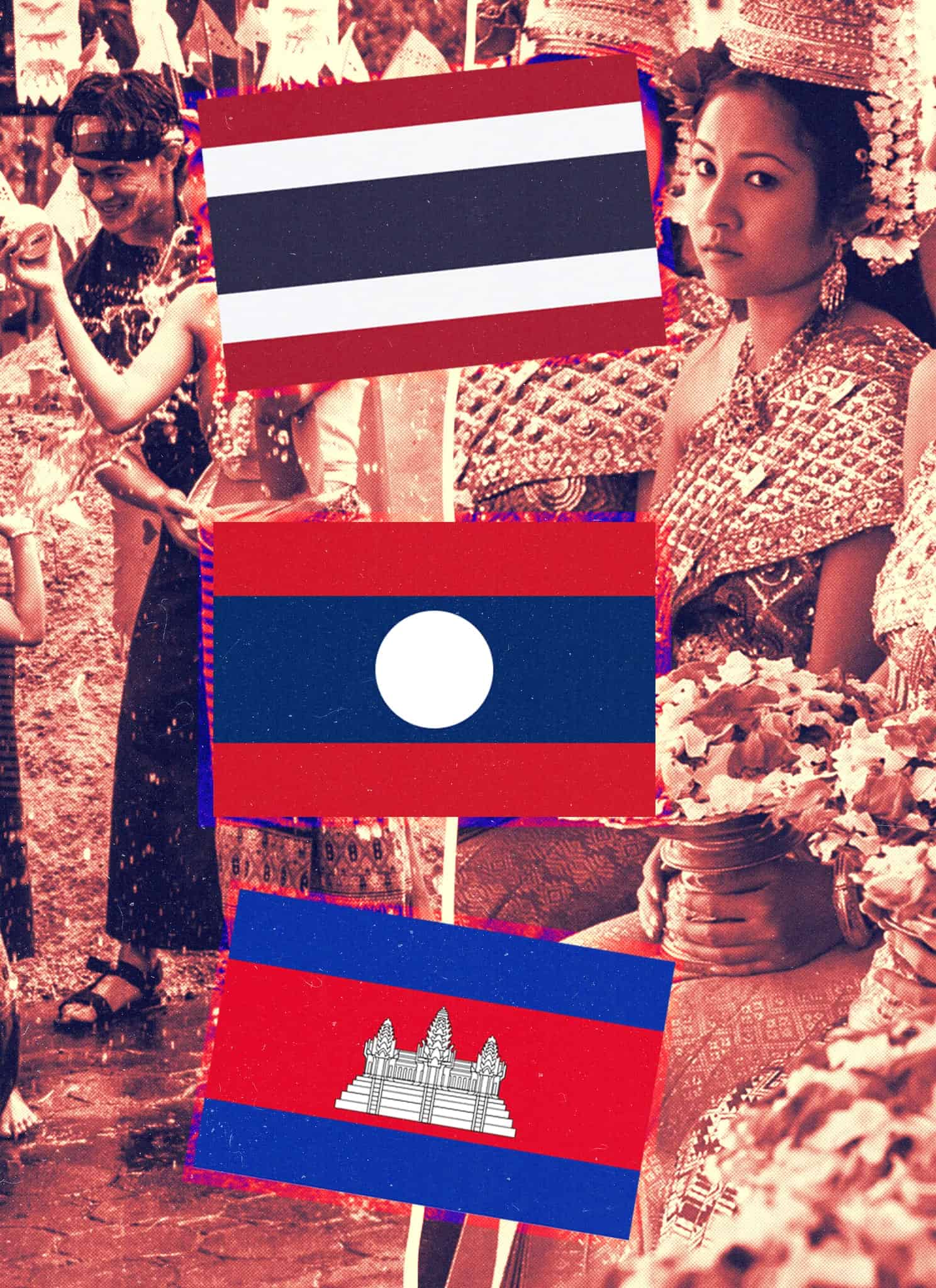 Collage featuring Thailand, Laos, and Cambodia flags with people celebrating TLC New Year in the background.
