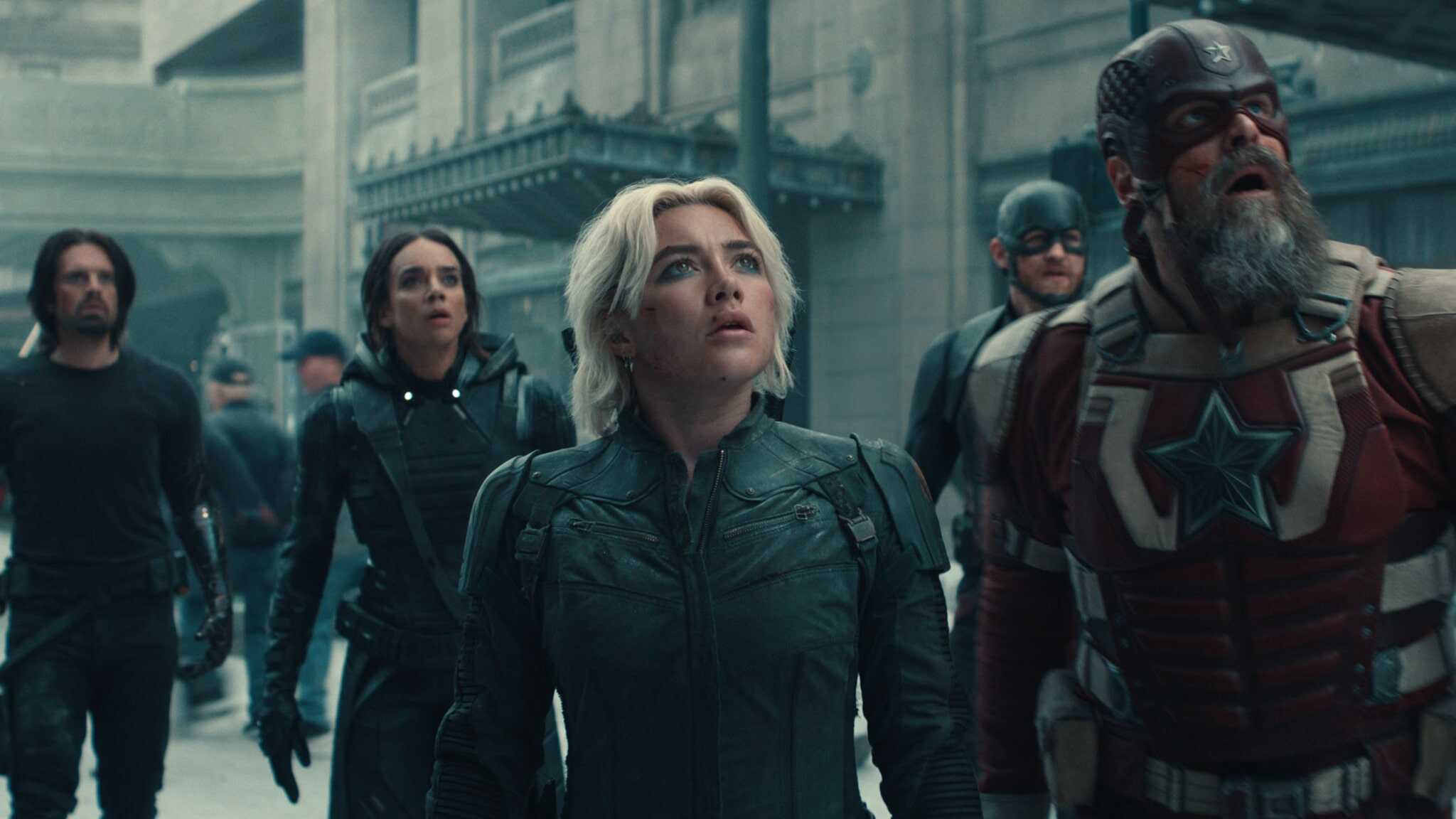 From left, Bucky Barnes (Sebastian Stan), Ghost (Hannah John-Kamen), Yelena Belova (Florence Pugh), John Walker (Wyatt Russell), and Red Guardian/Alexei Shostakov (David Harbour) in "Thunderbolts."