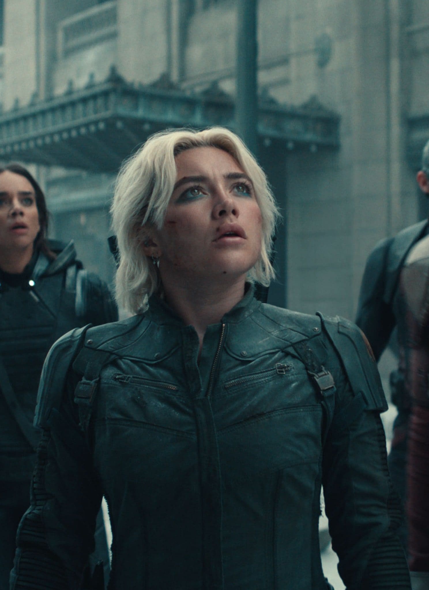 From left, Bucky Barnes (Sebastian Stan), Ghost (Hannah John-Kamen), Yelena Belova (Florence Pugh), John Walker (Wyatt Russell), and Red Guardian/Alexei Shostakov (David Harbour) in "Thunderbolts."