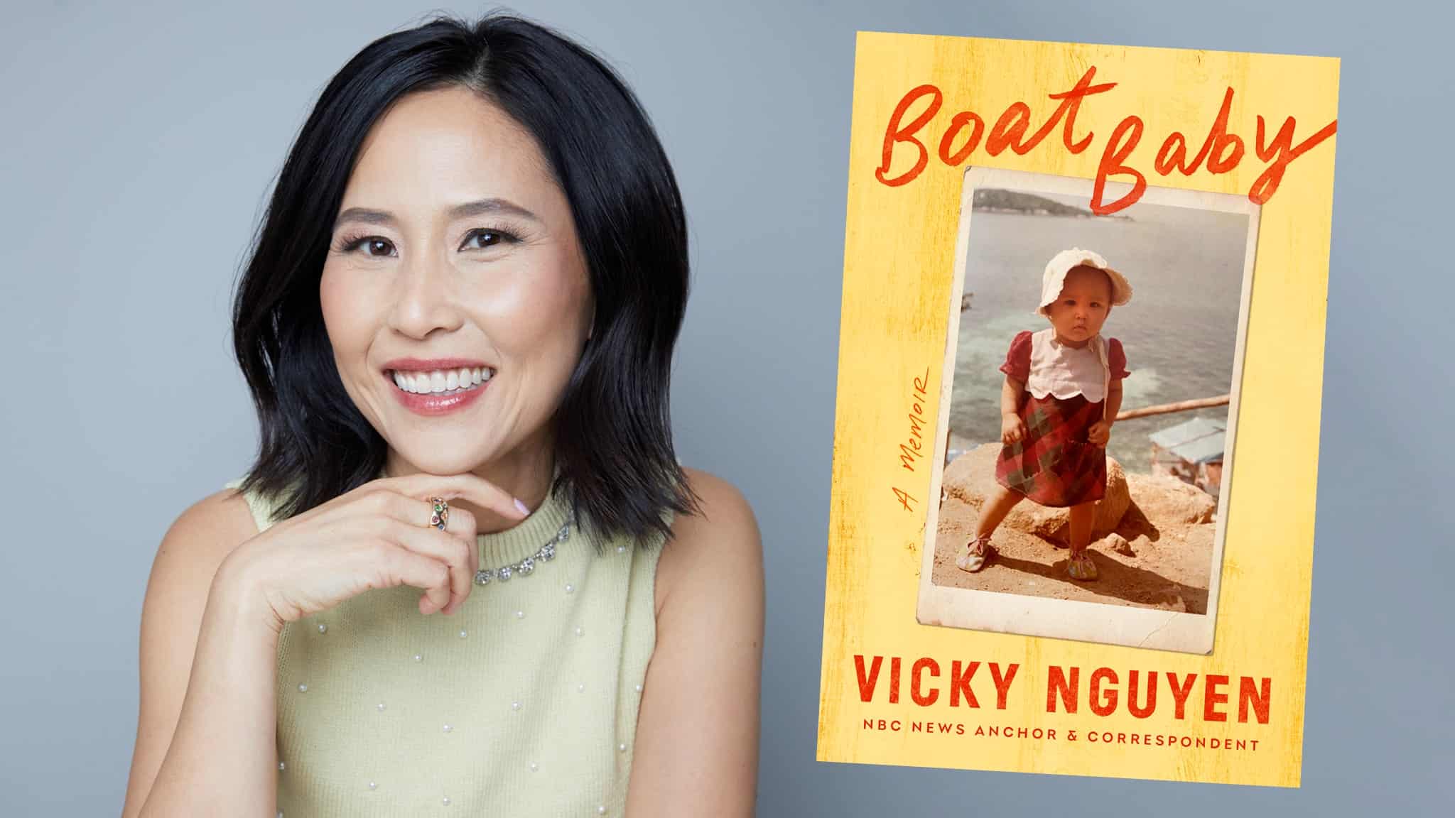 Vicky Nguyen smiling for the camera with her book cover next to her.