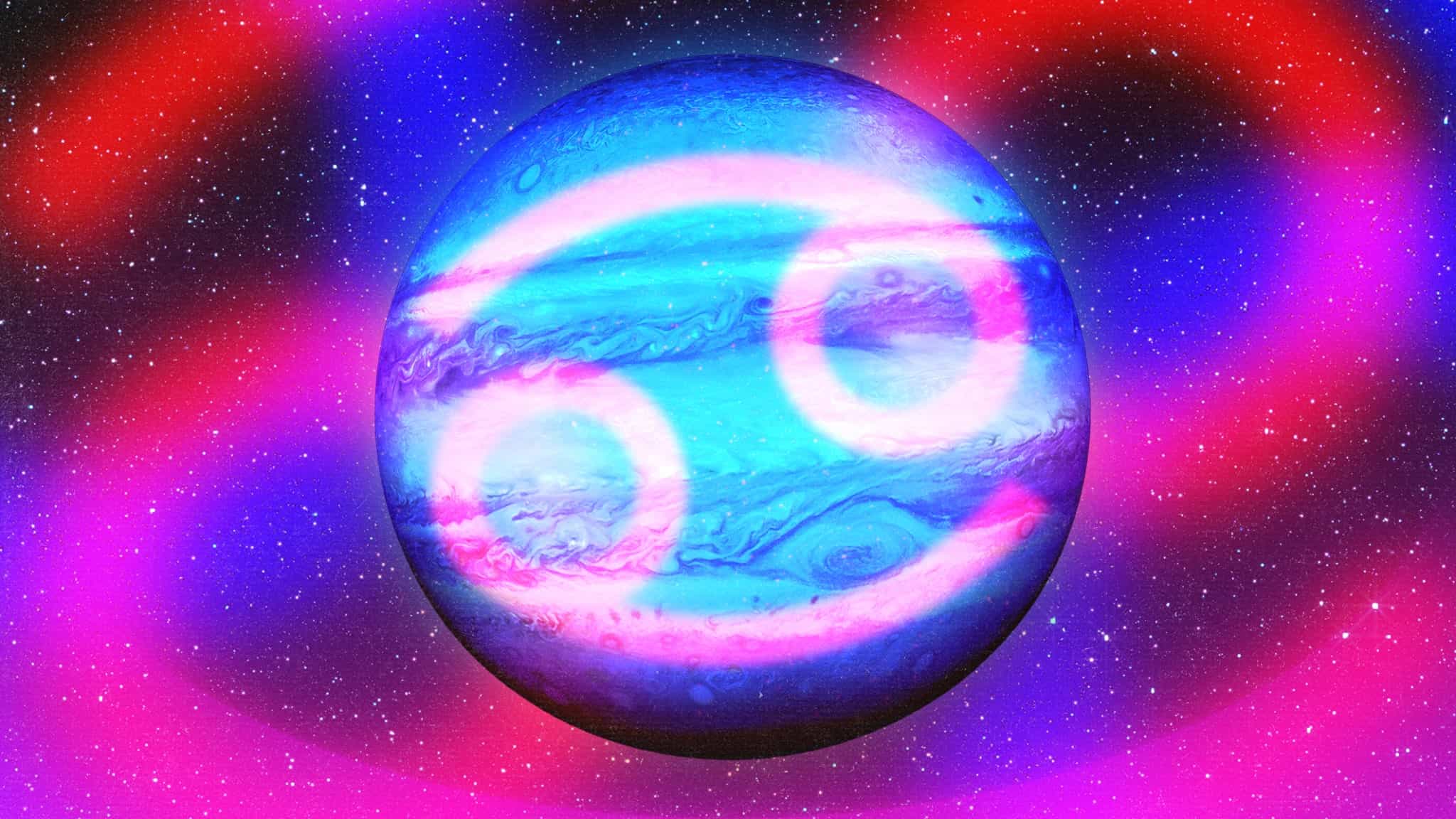 The planet Jupiter with the symbol for the zodiac sign Cancer overlayed on top of it.