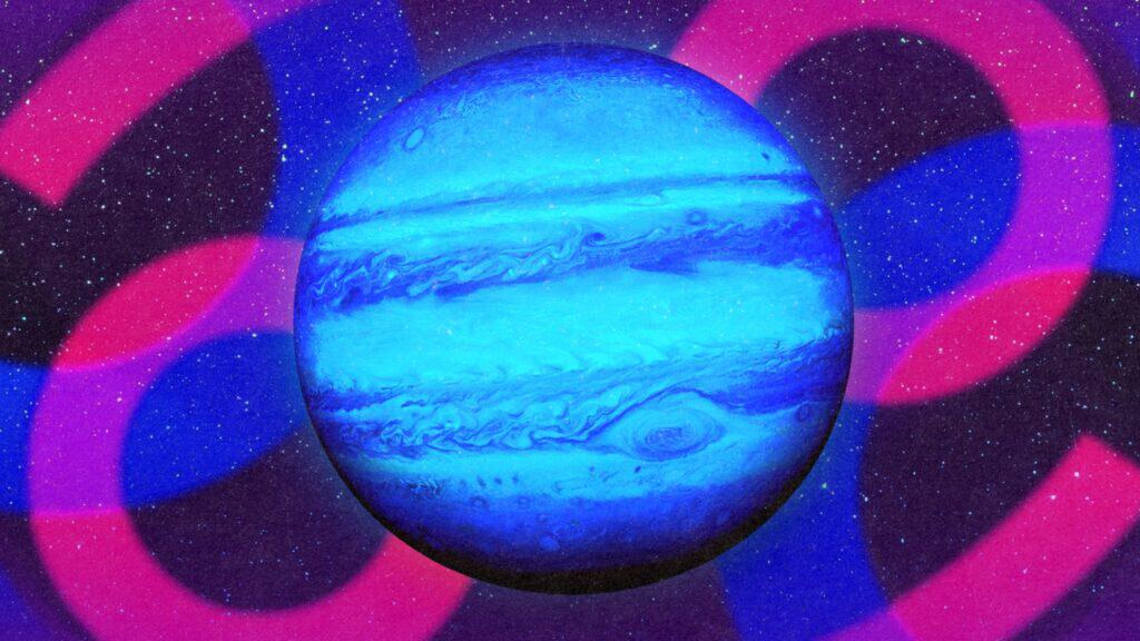 A digitally rendered blue planet, resembling Jupiter in Cancer, floats in space with swirling clouds. The background features a starry sky and abstract pink and blue looping shapes, evoking themes of Asian American astrology.
