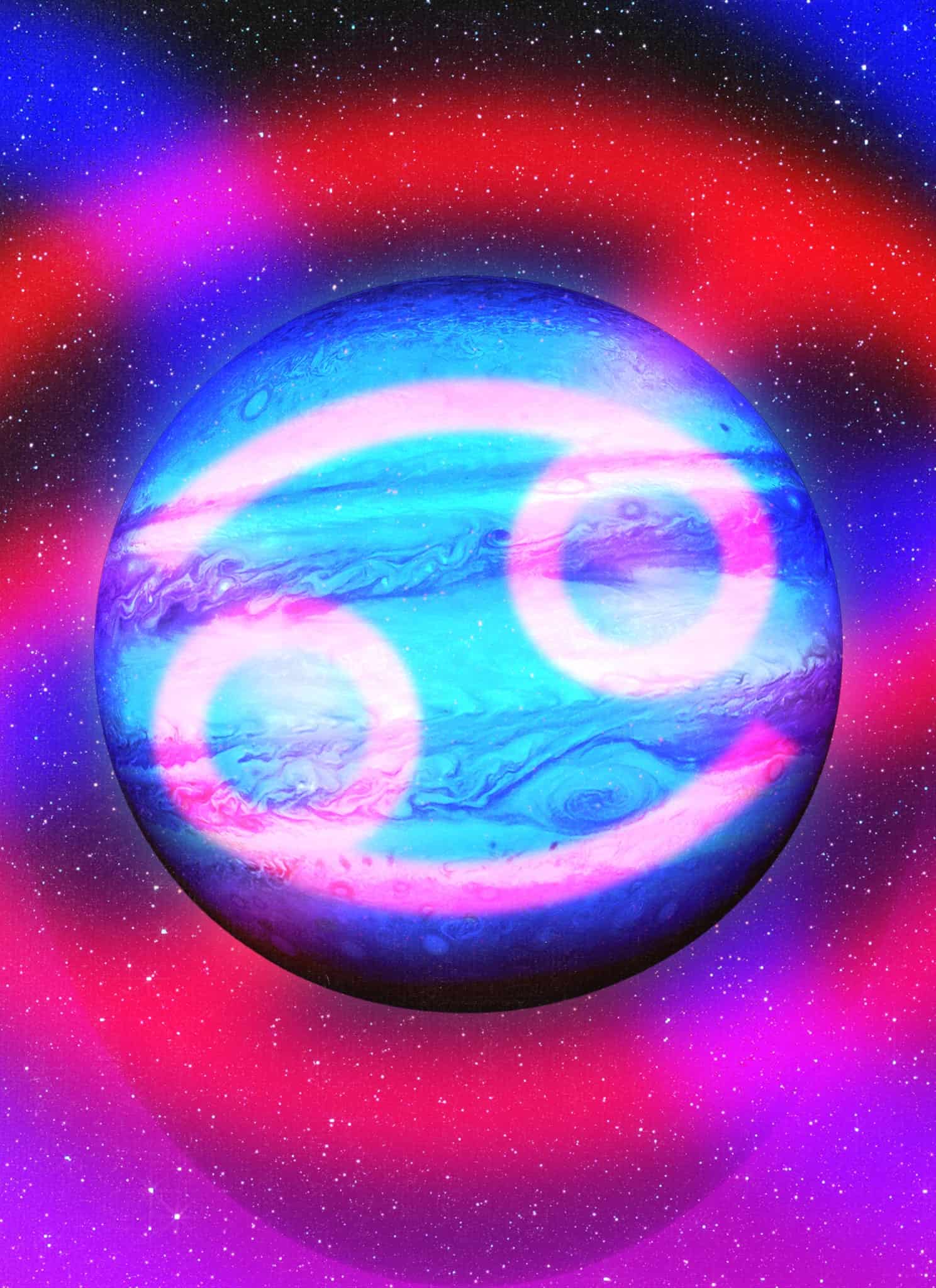 The planet Jupiter with the symbol for the zodiac sign Cancer overlayed on top of it.