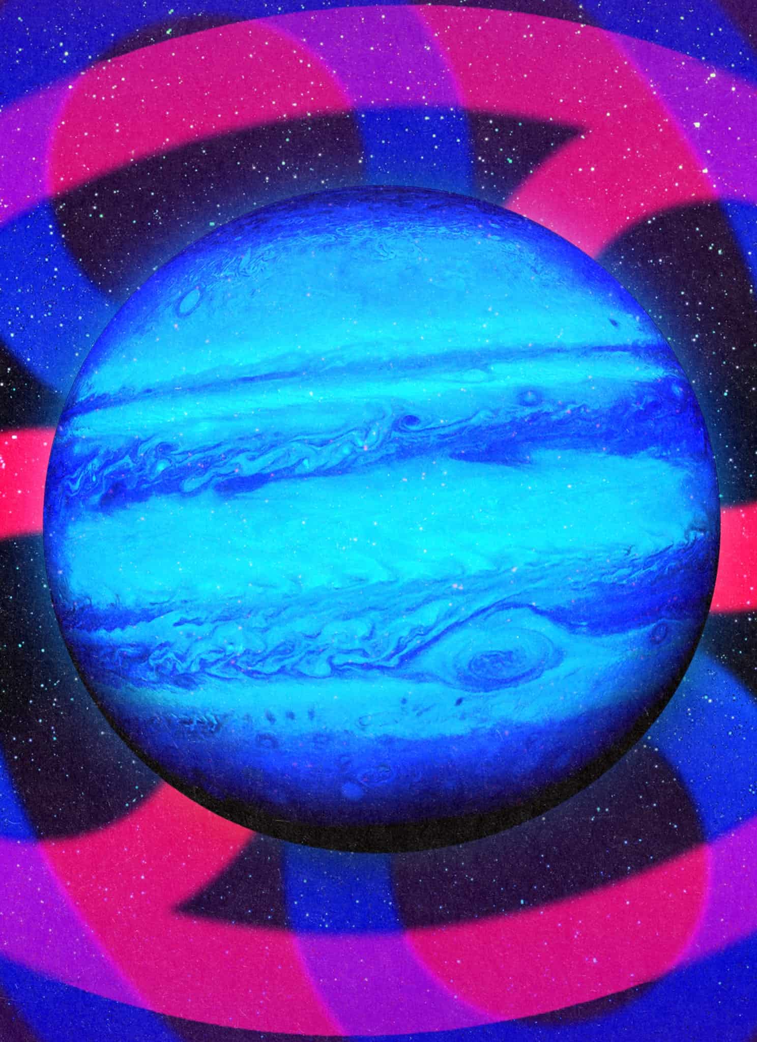 A digitally rendered blue planet, resembling Jupiter in Cancer, floats in space with swirling clouds. The background features a starry sky and abstract pink and blue looping shapes, evoking themes of Asian American astrology.