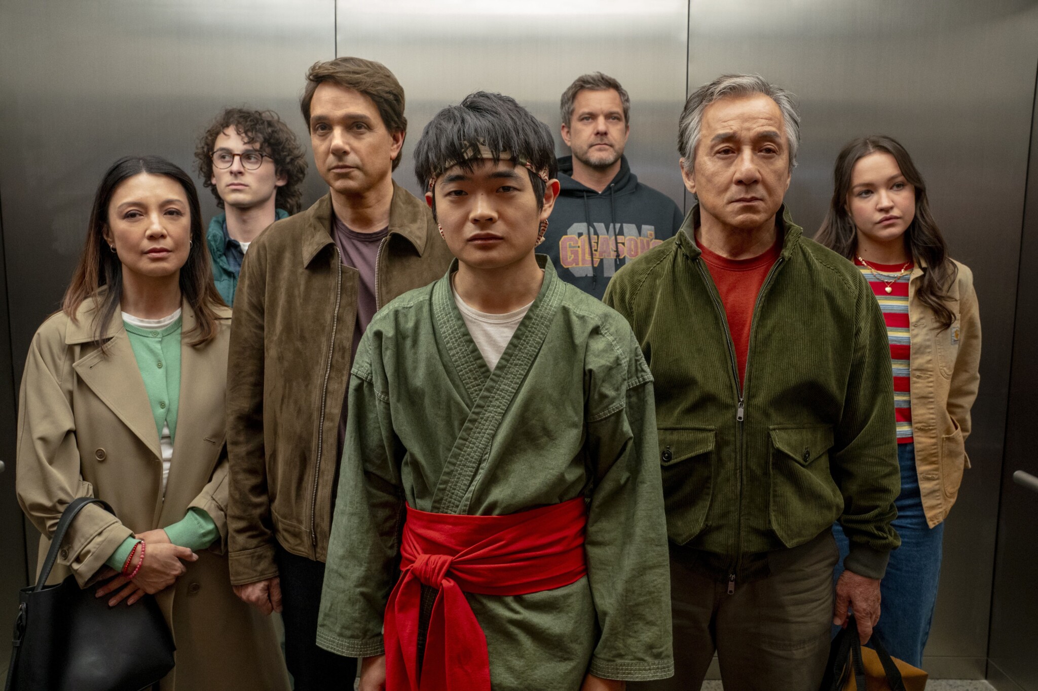 From left, Ming-Na Wen, Wyatt Oleff, Ralph Macchio, Ben Wang, Joshua Jackson, Jackie Chan and Sadie Stanley.