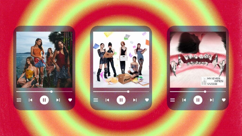 From left, cover art for “superstitious” by no na, “Sugar Free Venom” by f5ve, and “Drop Top” by MEOVV.