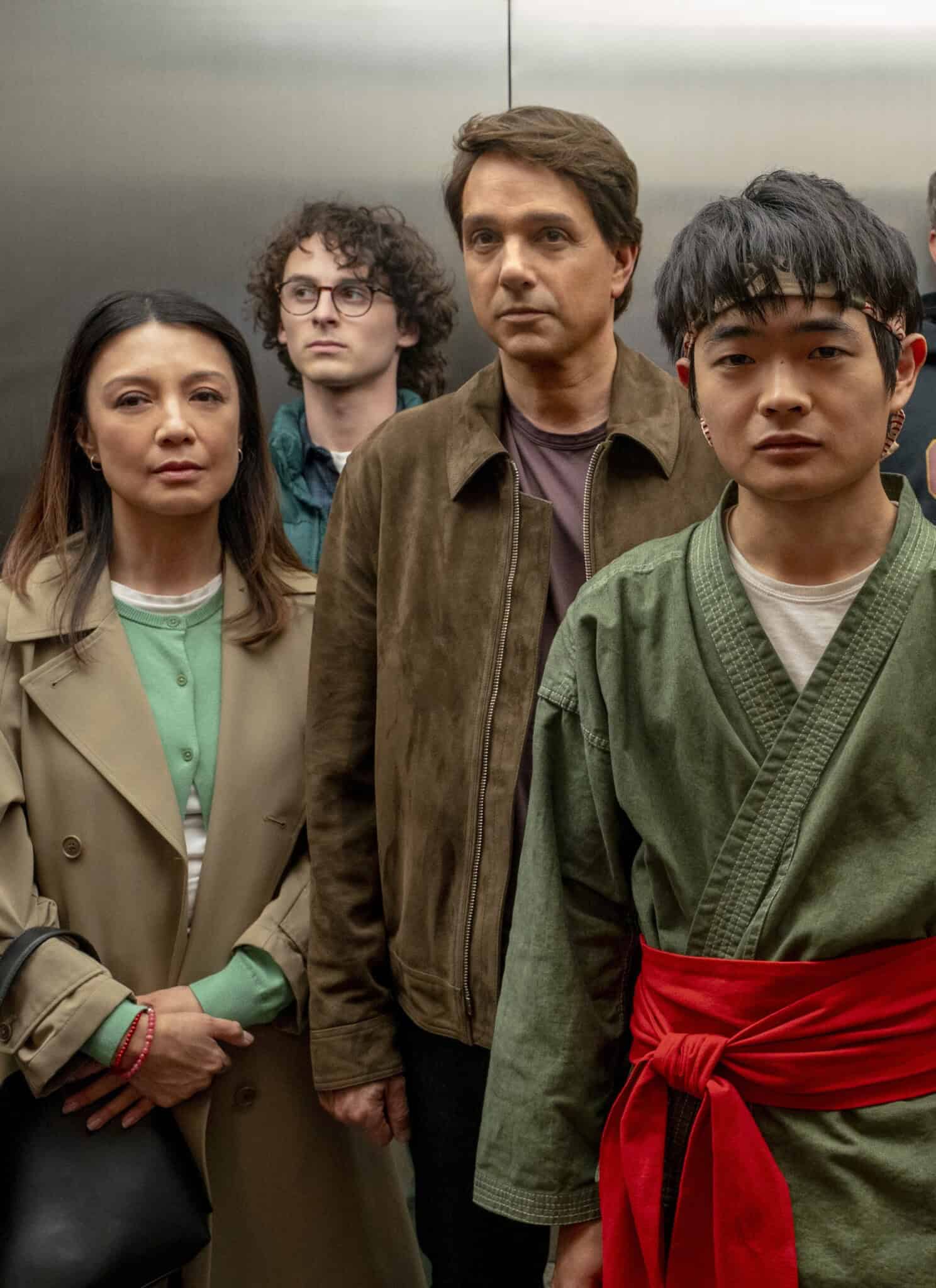 From left, Ming-Na Wen, Wyatt Oleff, Ralph Macchio, Ben Wang, Joshua Jackson, Jackie Chan and Sadie Stanley.