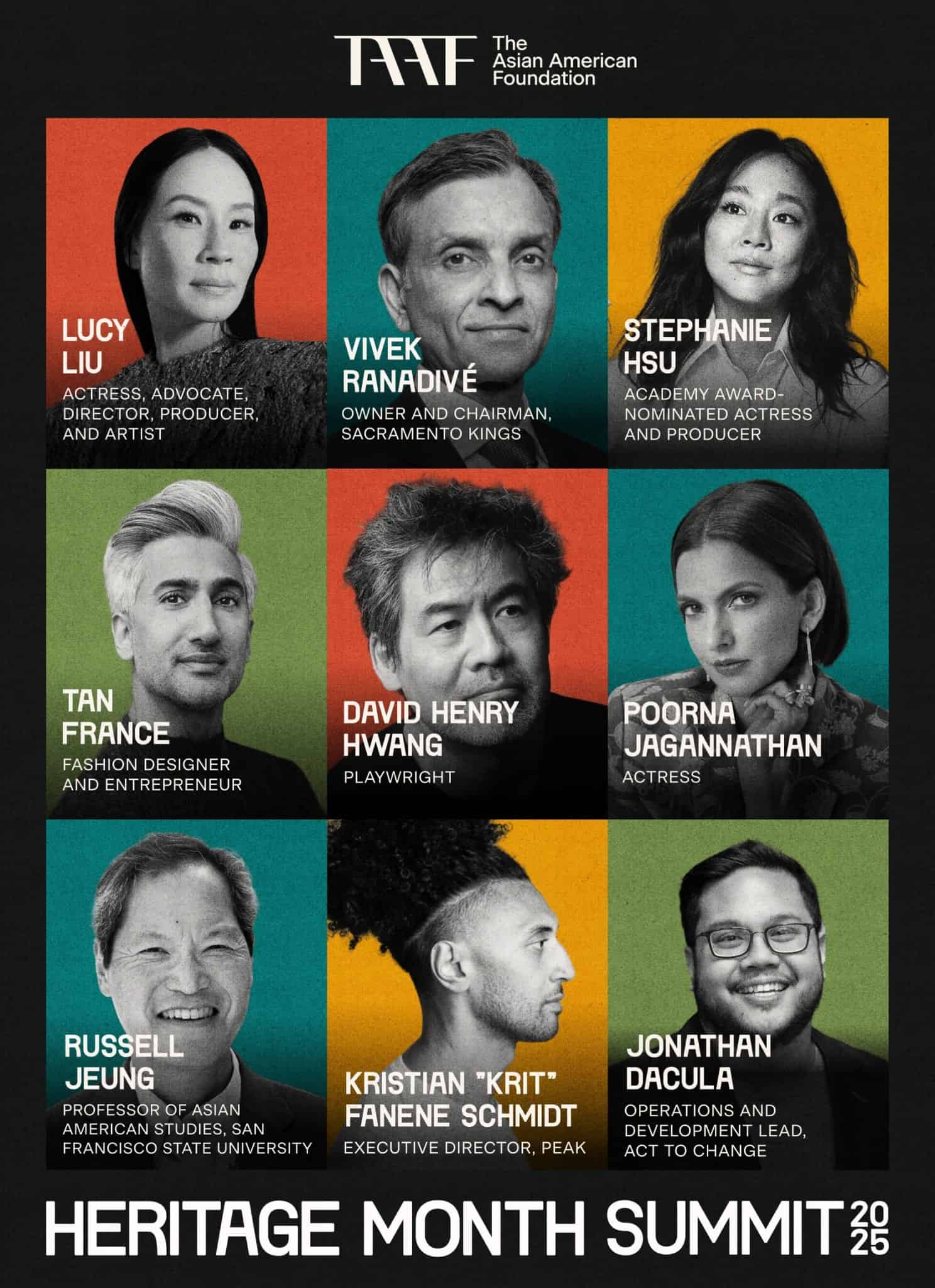 Poster in different color squares with black and white faces of Lucy Liu and others.