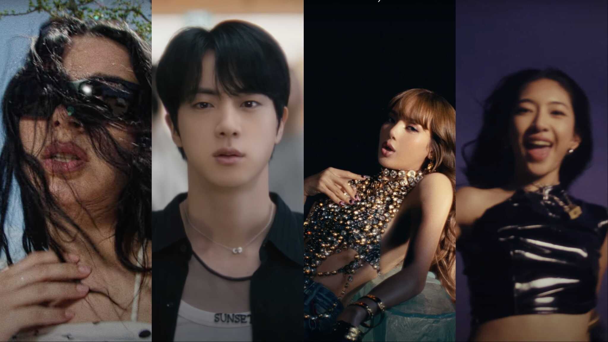 Charli XCX in sunglasses next to Jin from BTS next to Lisa in black background and Shaz from No Na