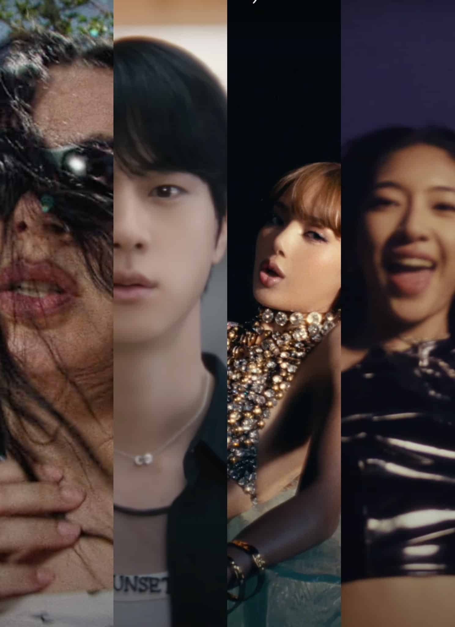 Charli XCX in sunglasses next to Jin from BTS next to Lisa in black background and Shaz from No Na