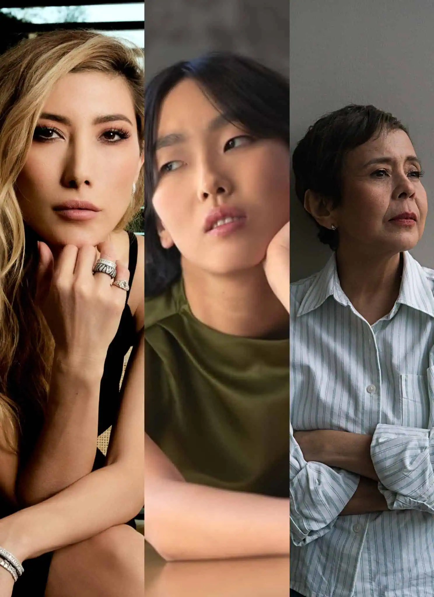 Collage of Dichen Lachman, Madison Hsu in green and Dolly De Leon in blue shirt.