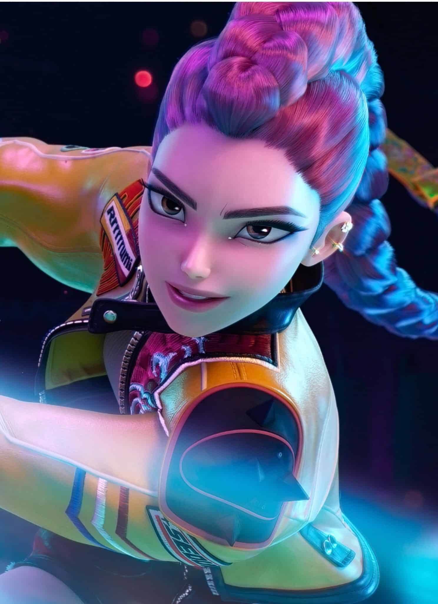 Rumi in Kpop Demon Hunters in her jacket with a pink light weapon.