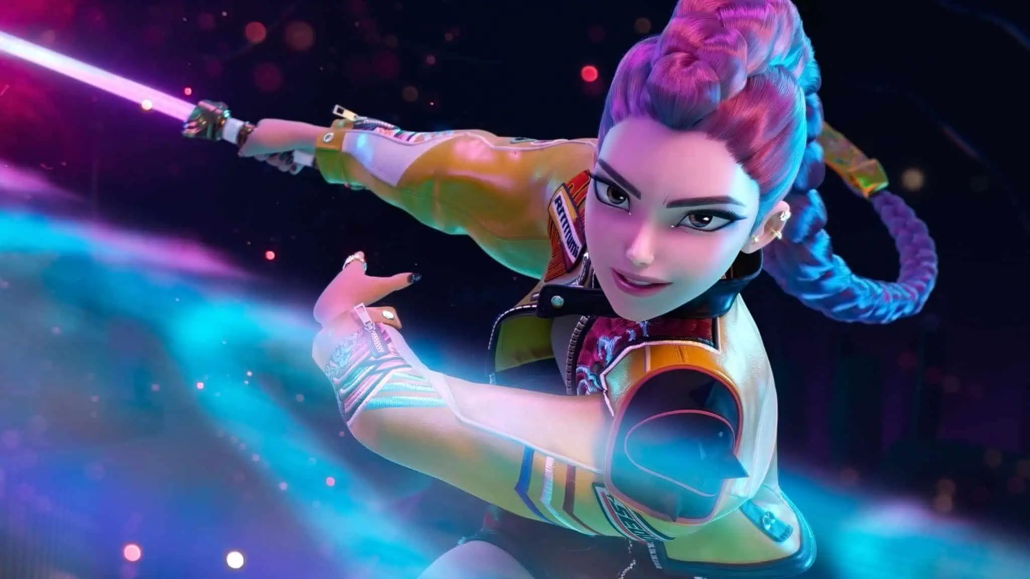 Rumi in Kpop Demon Hunters in her jacket with a pink light weapon.