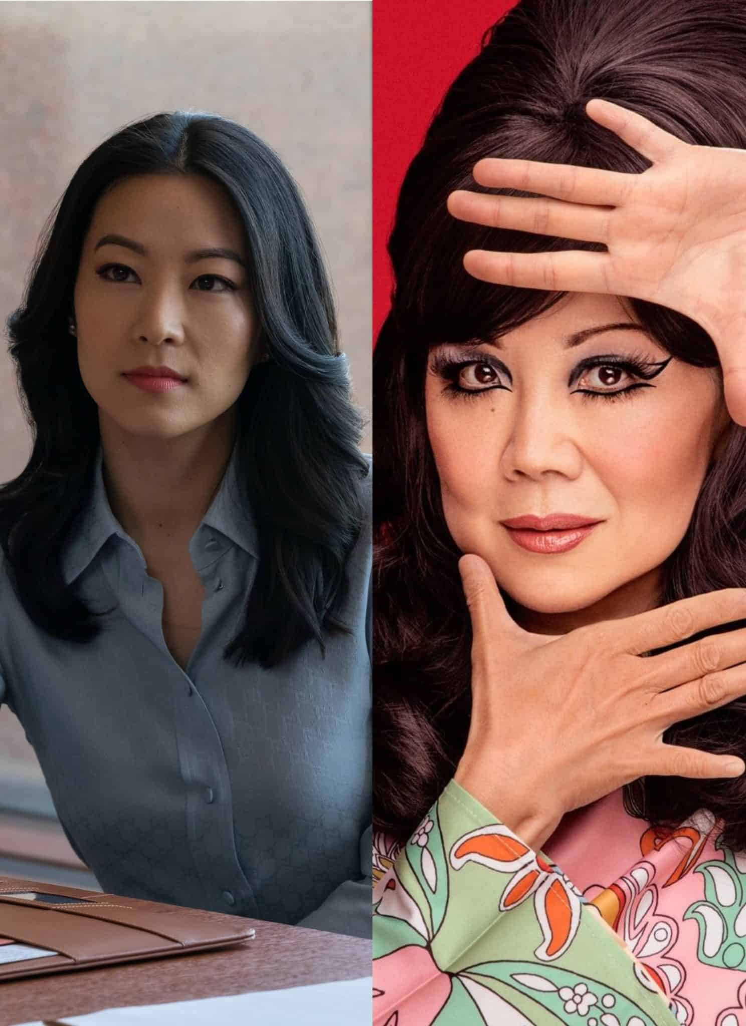 Arden Cho in Netflix's Partner Track in blue shirt next to Margaret Cho against red background