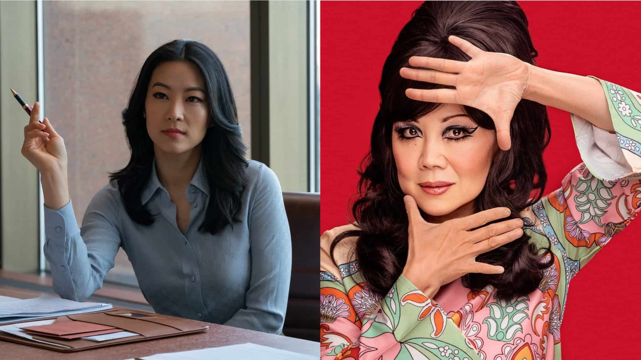 Arden Cho in Netflix's Partner Track in blue shirt next to Margaret Cho against red background