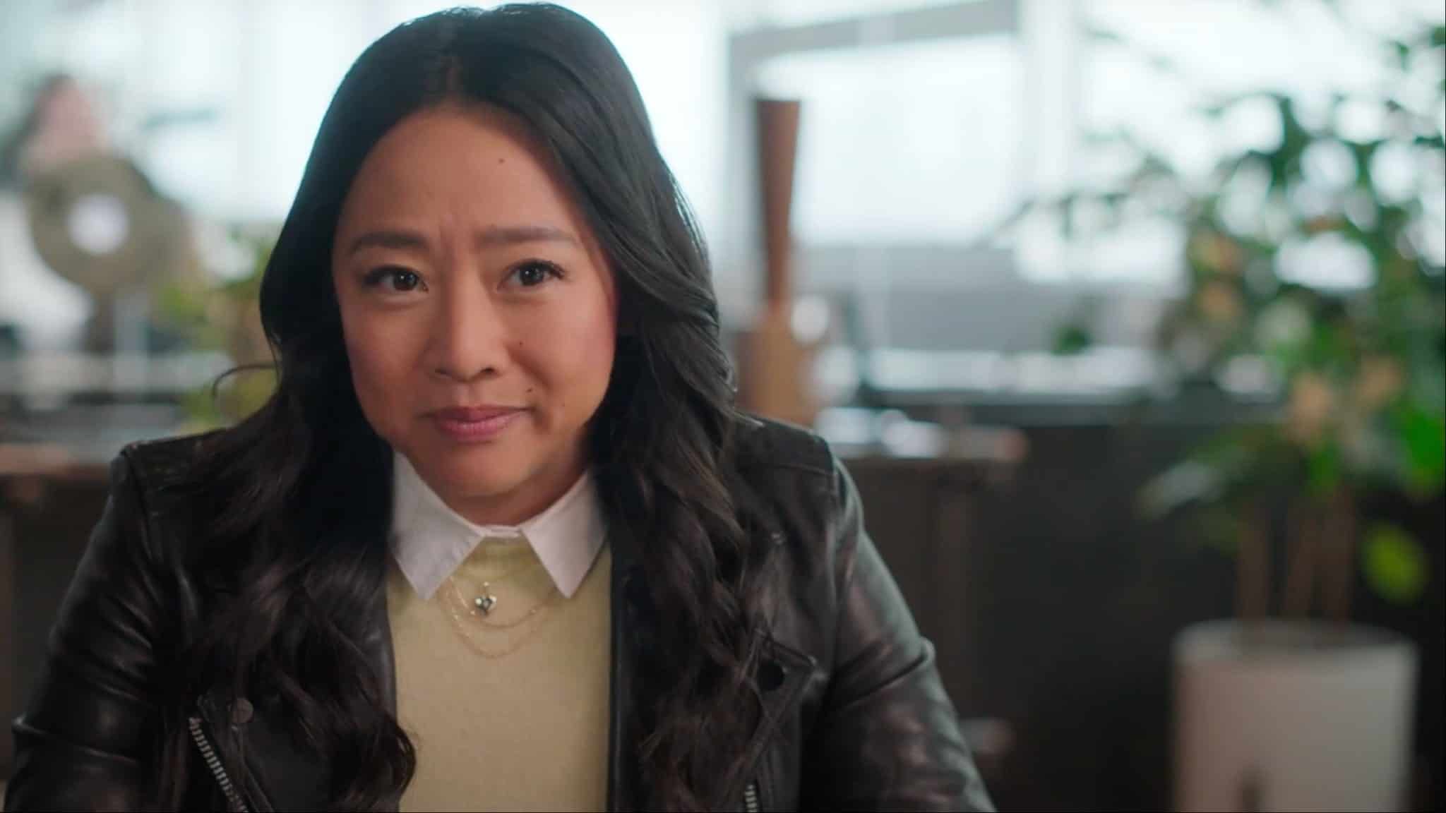 Stephanie Hsu as Ruby Yao in Laid wearing black leather jacket.