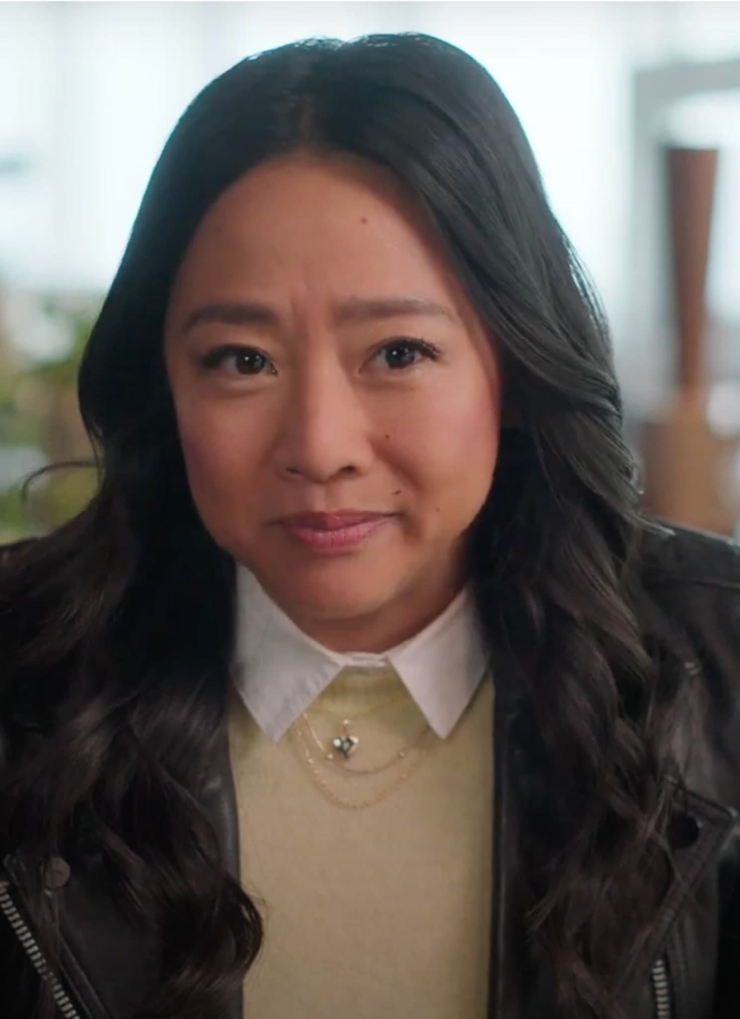 Stephanie Hsu as Ruby Yao in Laid wearing black leather jacket.