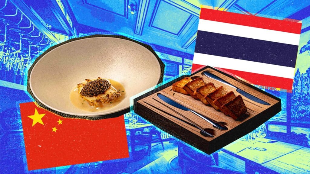 Photo collage featuring two dishes of food with Thailand and China's flags in the background.