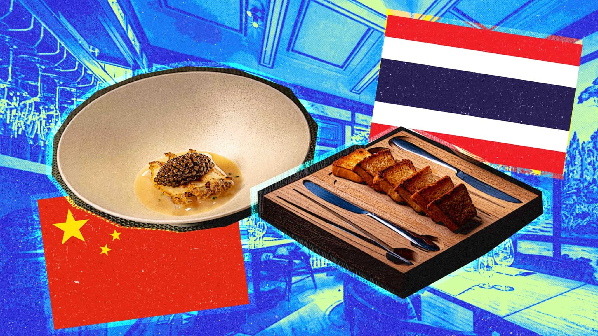 Photo collage featuring two dishes of food with Thailand and China's flags in the background.