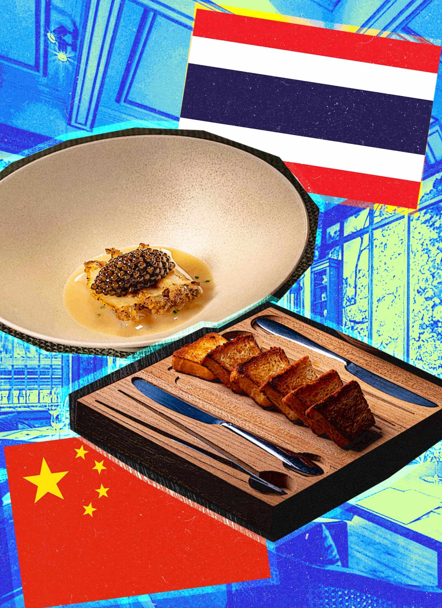 Photo collage featuring two dishes of food with Thailand and China's flags in the background.