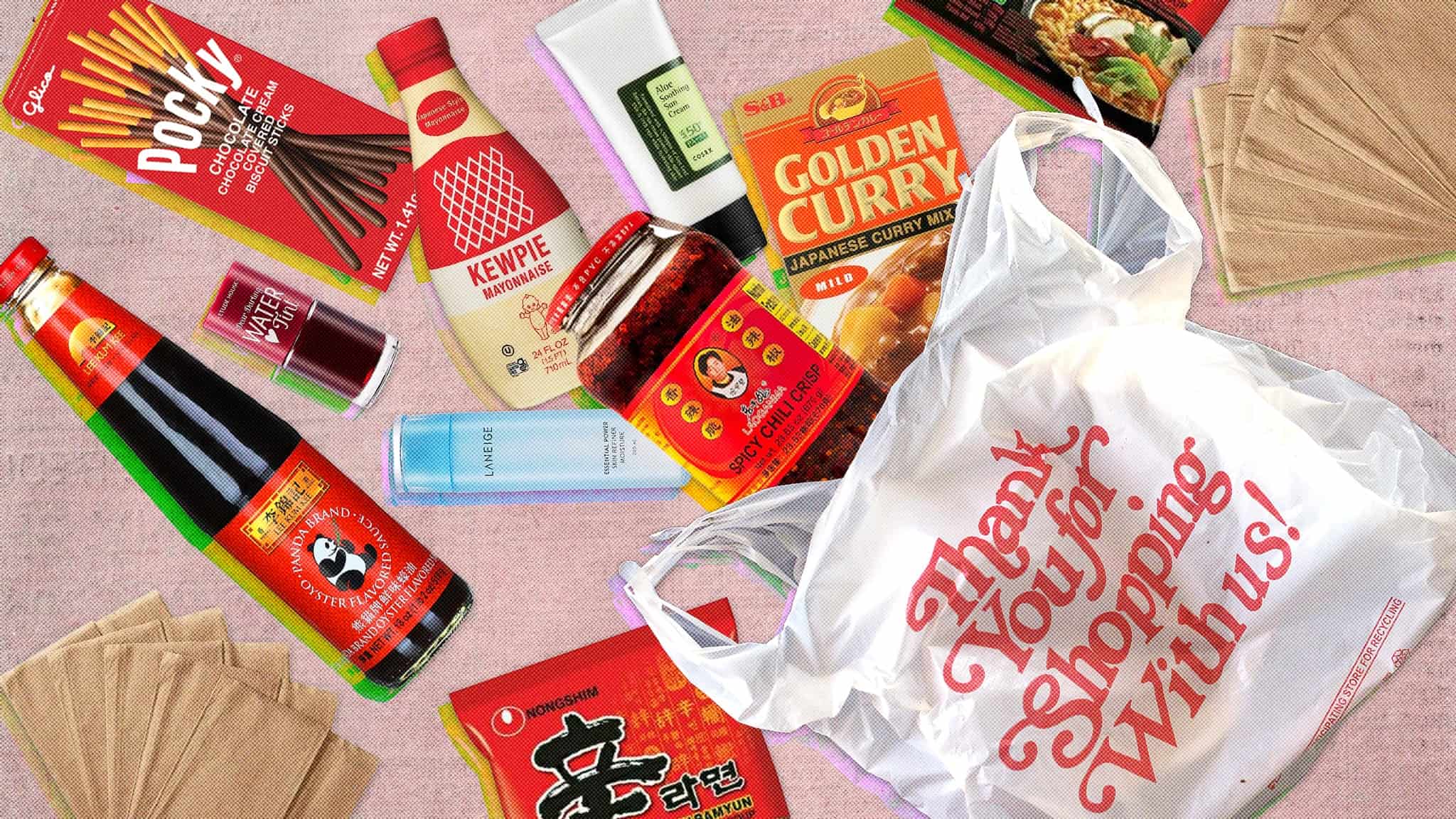 Collage featuring various Asian products, like oyster sauce, Korean skincare, Asian snacks, and Japanese mayo.