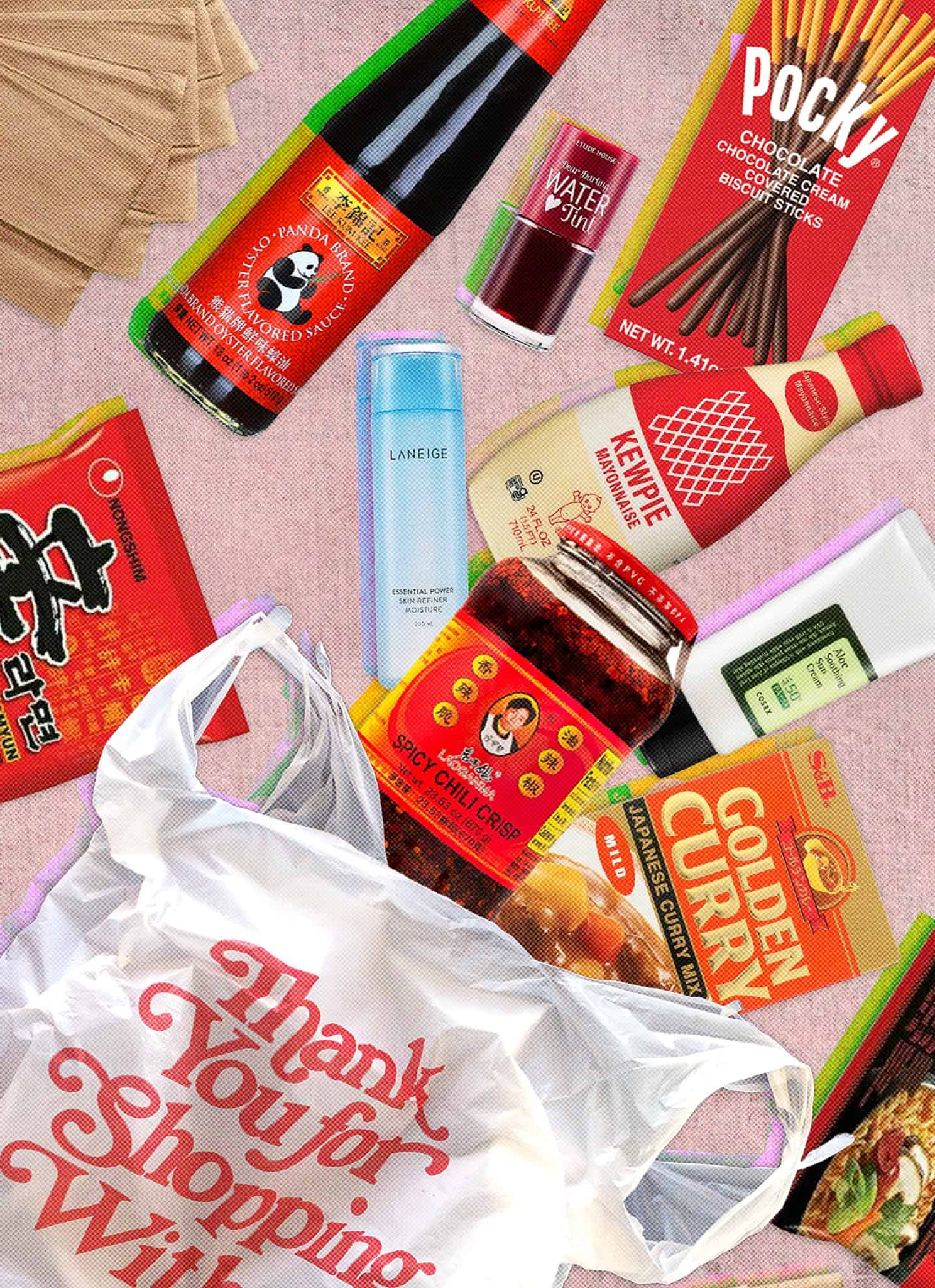 Collage featuring various Asian products, like oyster sauce, Korean skincare, Asian snacks, and Japanese mayo.