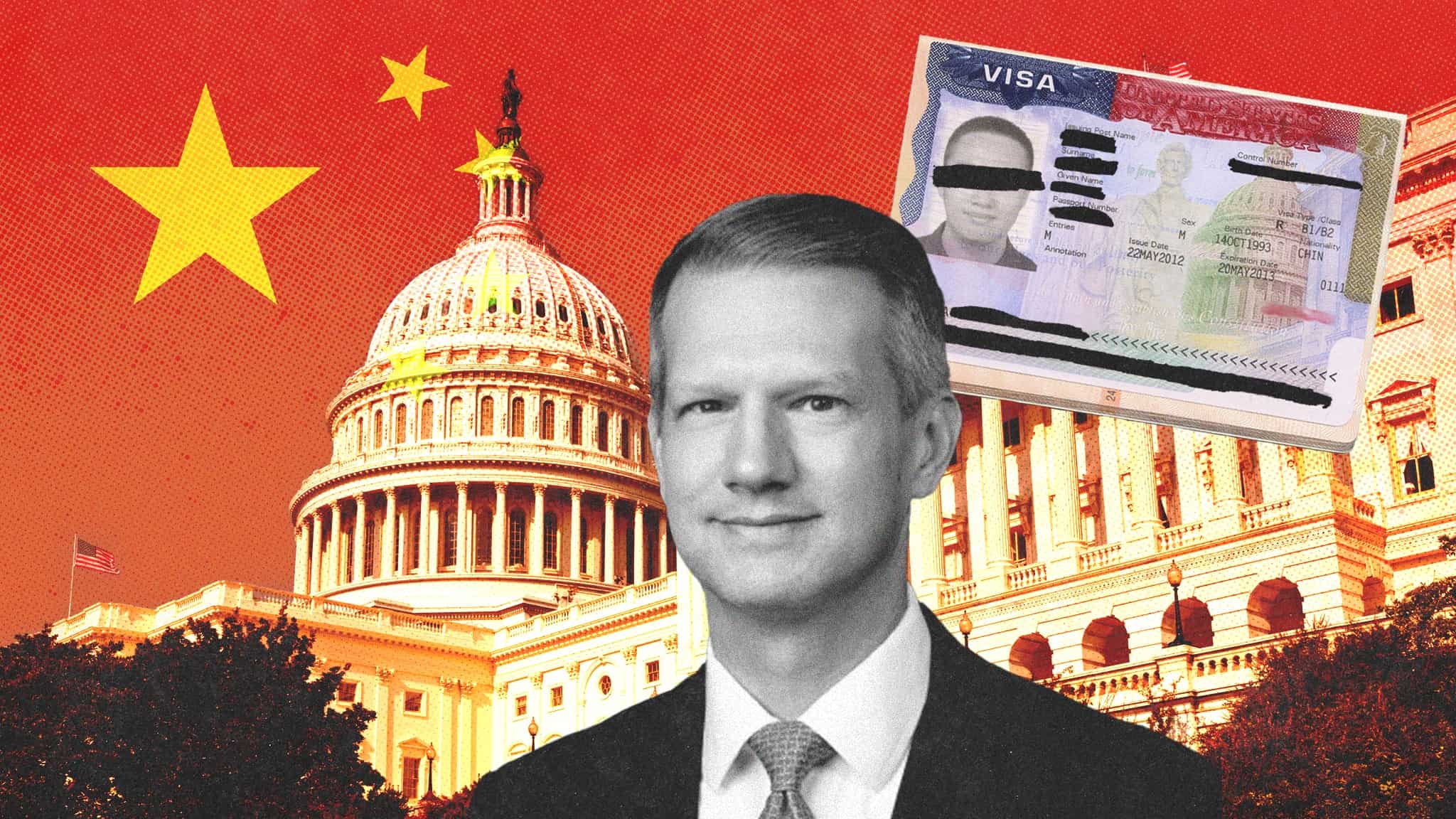 U.S. Rep. Riley Moore in front of a background with the Chinese flag and the U.S. Capitol building.