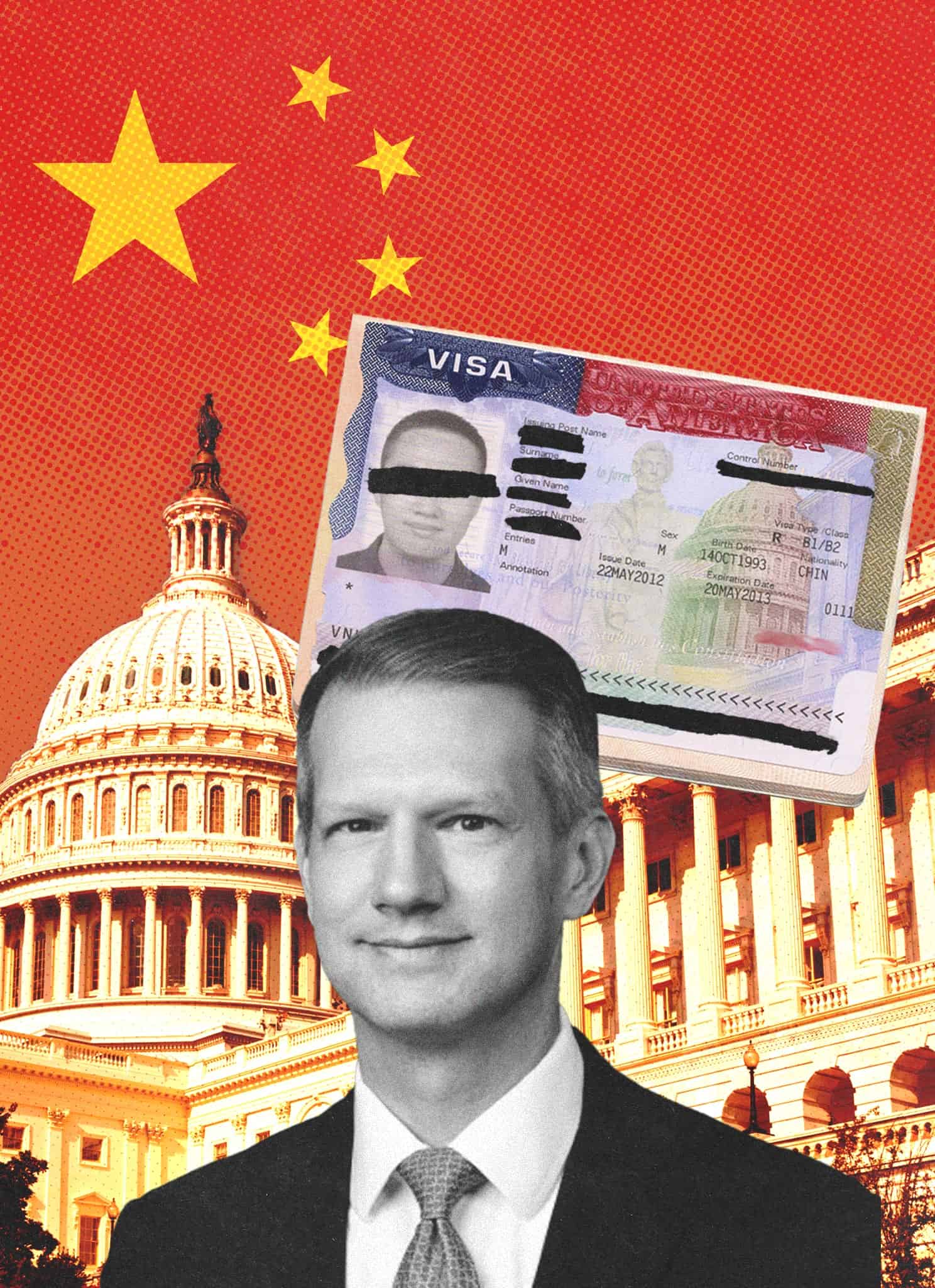 U.S. Rep. Riley Moore in front of a background with the Chinese flag and the U.S. Capitol building.
