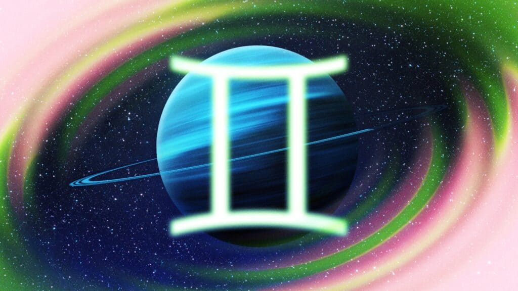 The planet Uranus with the symbol for Gemini on top of it.