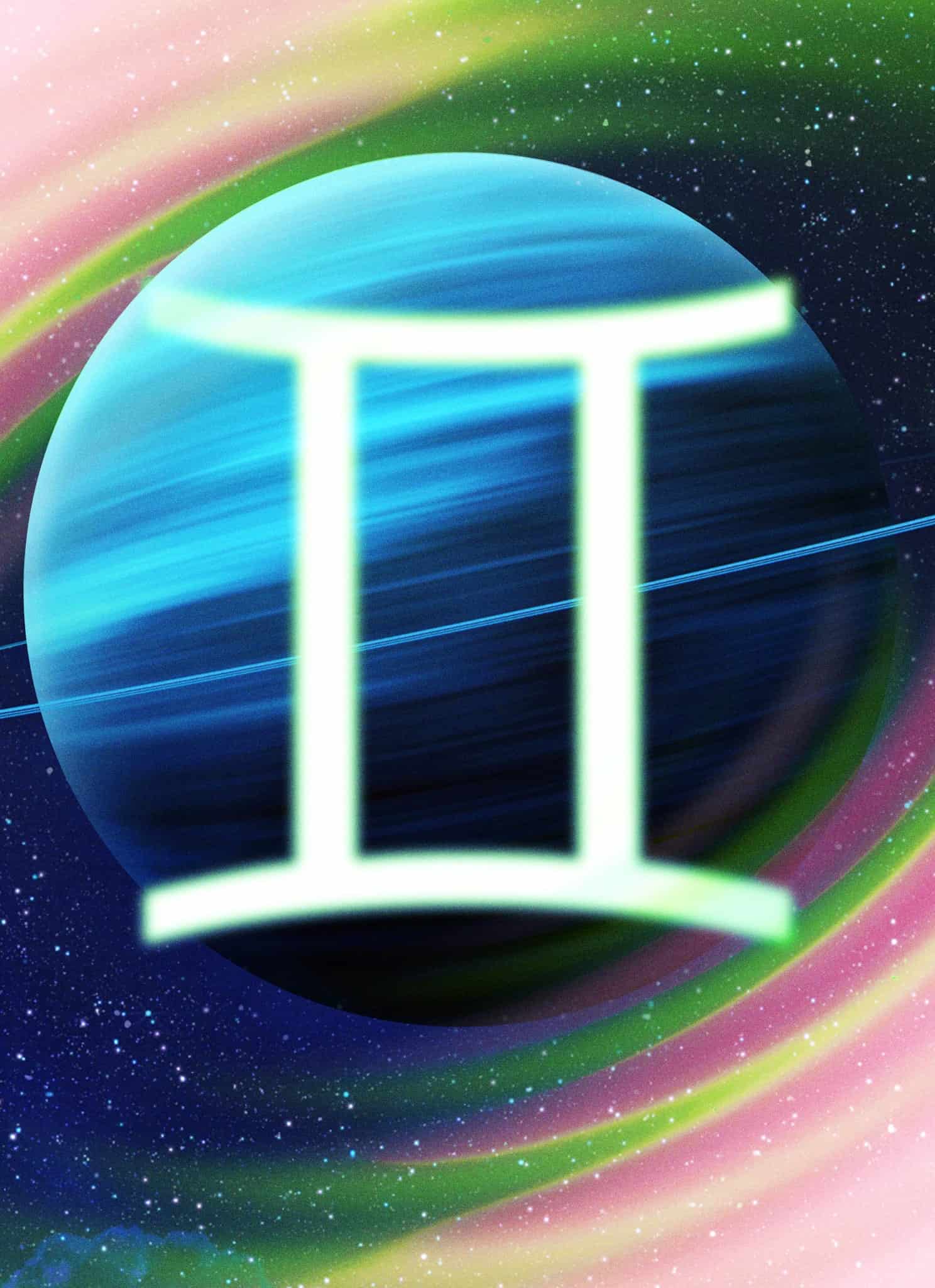 The planet Uranus with the symbol for Gemini on top of it.