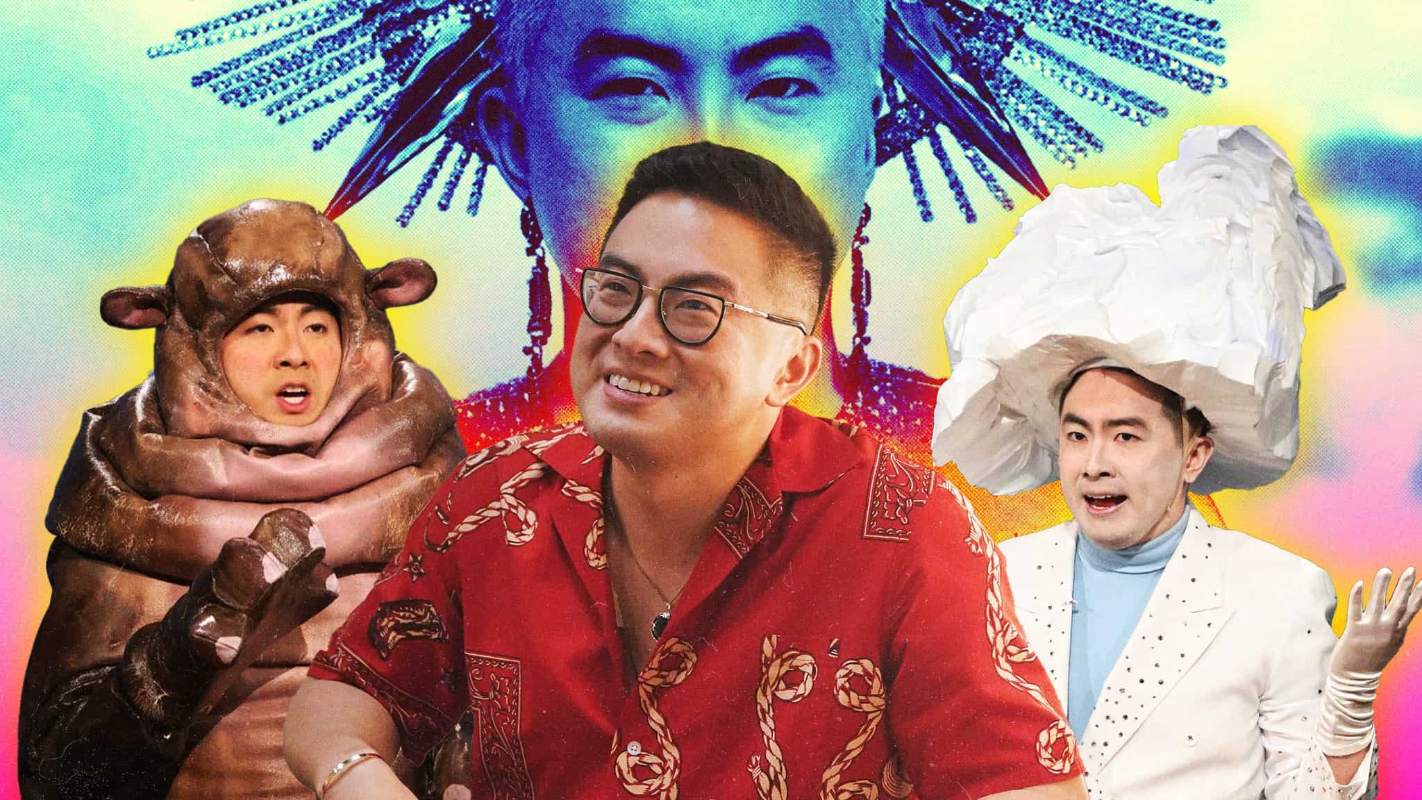 Collage featuring various pictures of Bowen Yang.