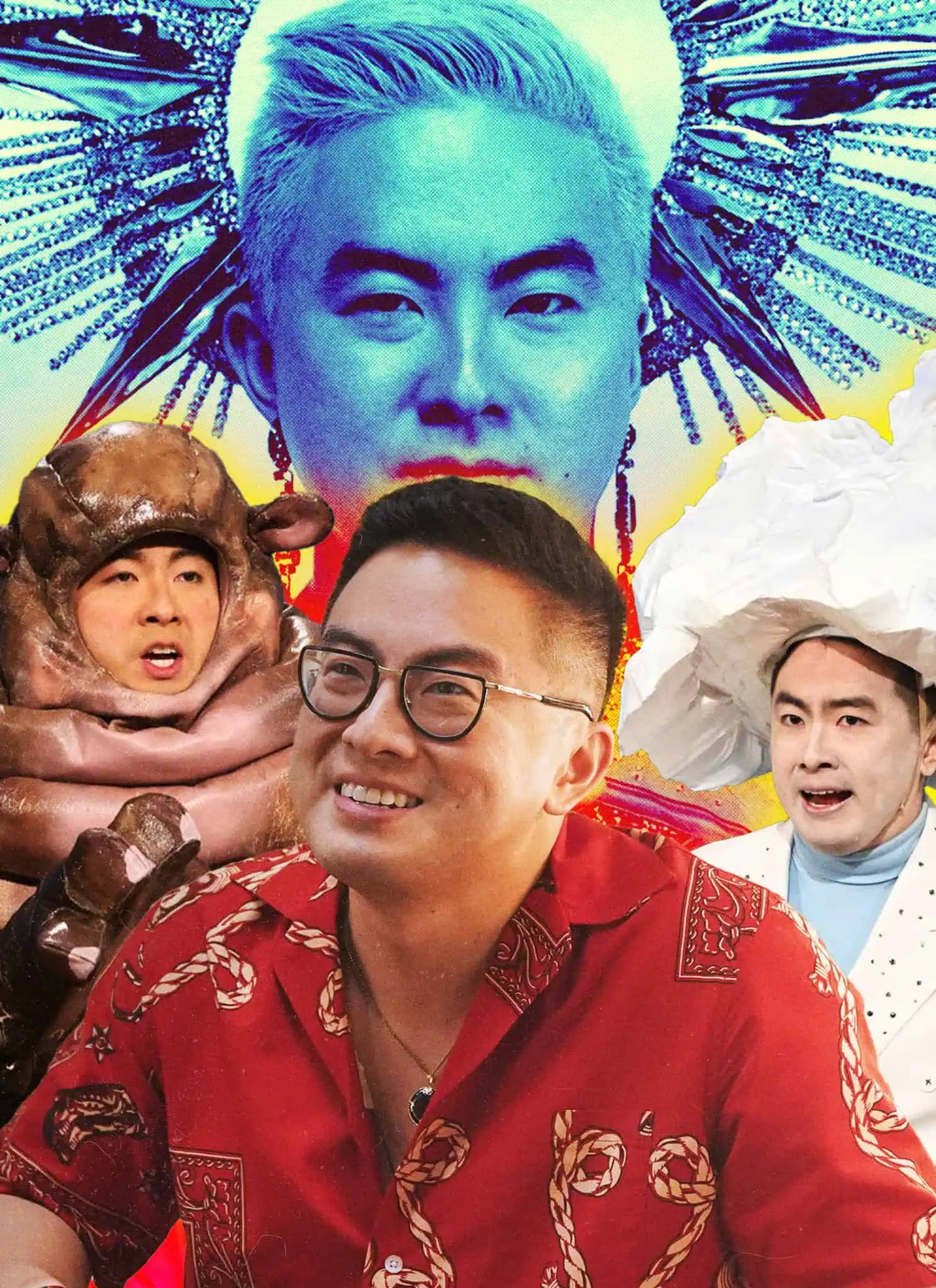Collage featuring various pictures of Bowen Yang.