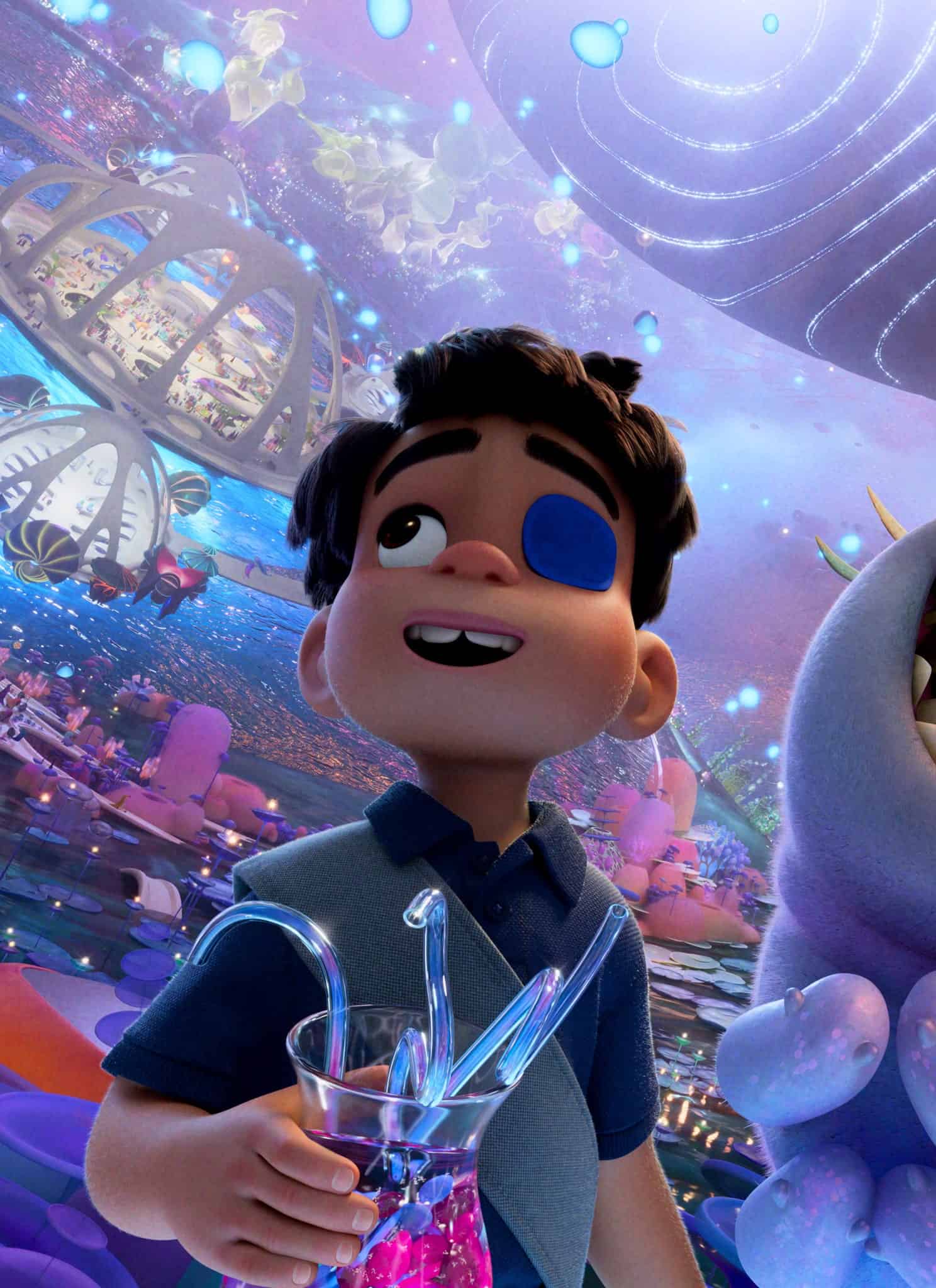 An animated boy with an eye patch over his left eye, holding a colorful drink, and a slug-like alien from "Elio."