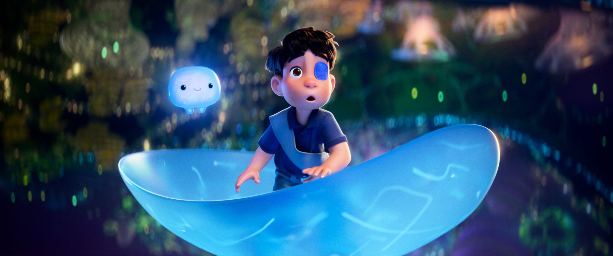 An animated boy with an eye patch over his left eye stands in a curved blue disk, with a smiling blue rectangle floating next to him.