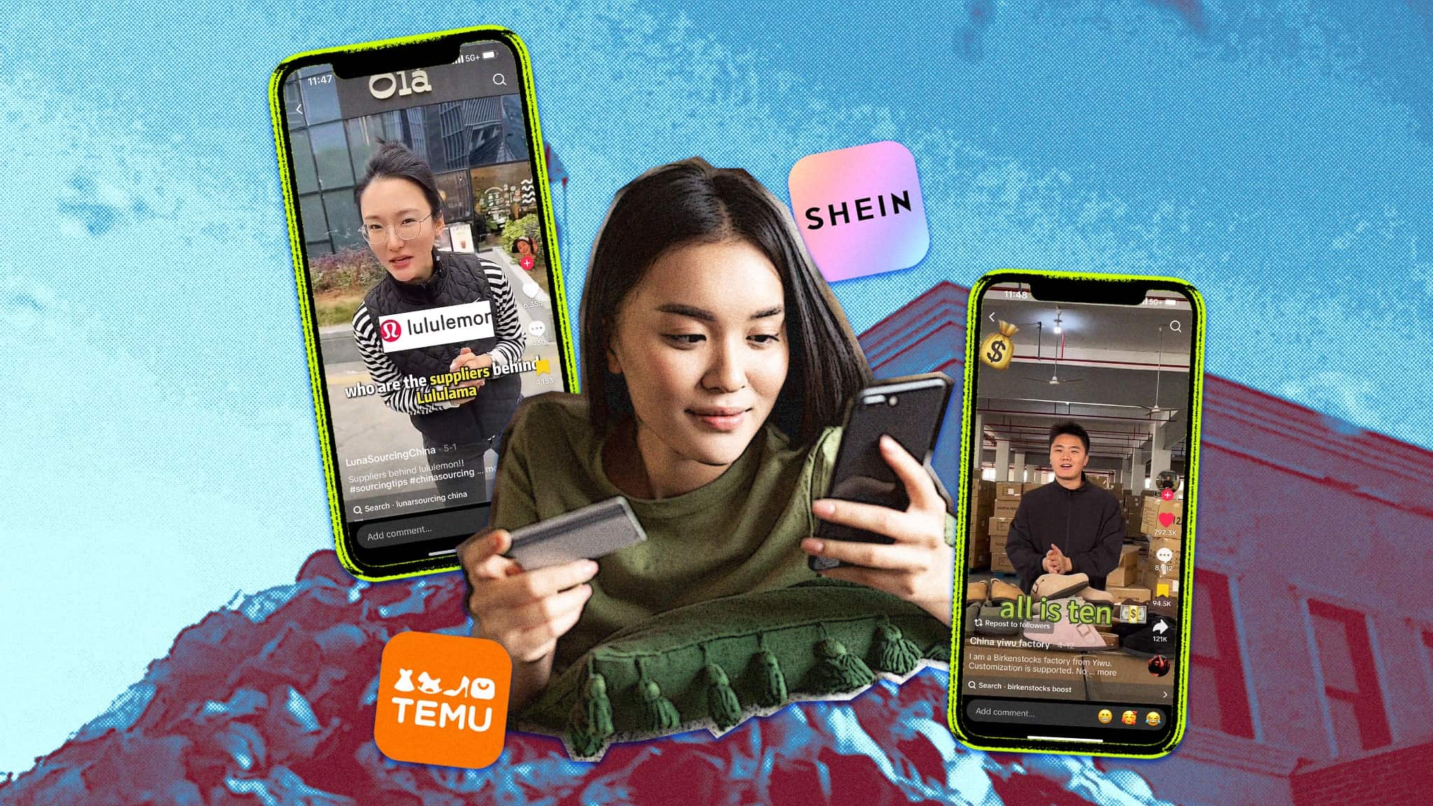 Collage of a woman shopping online on her phone, with two TikToks showing, and the logos for Temu and Shein.