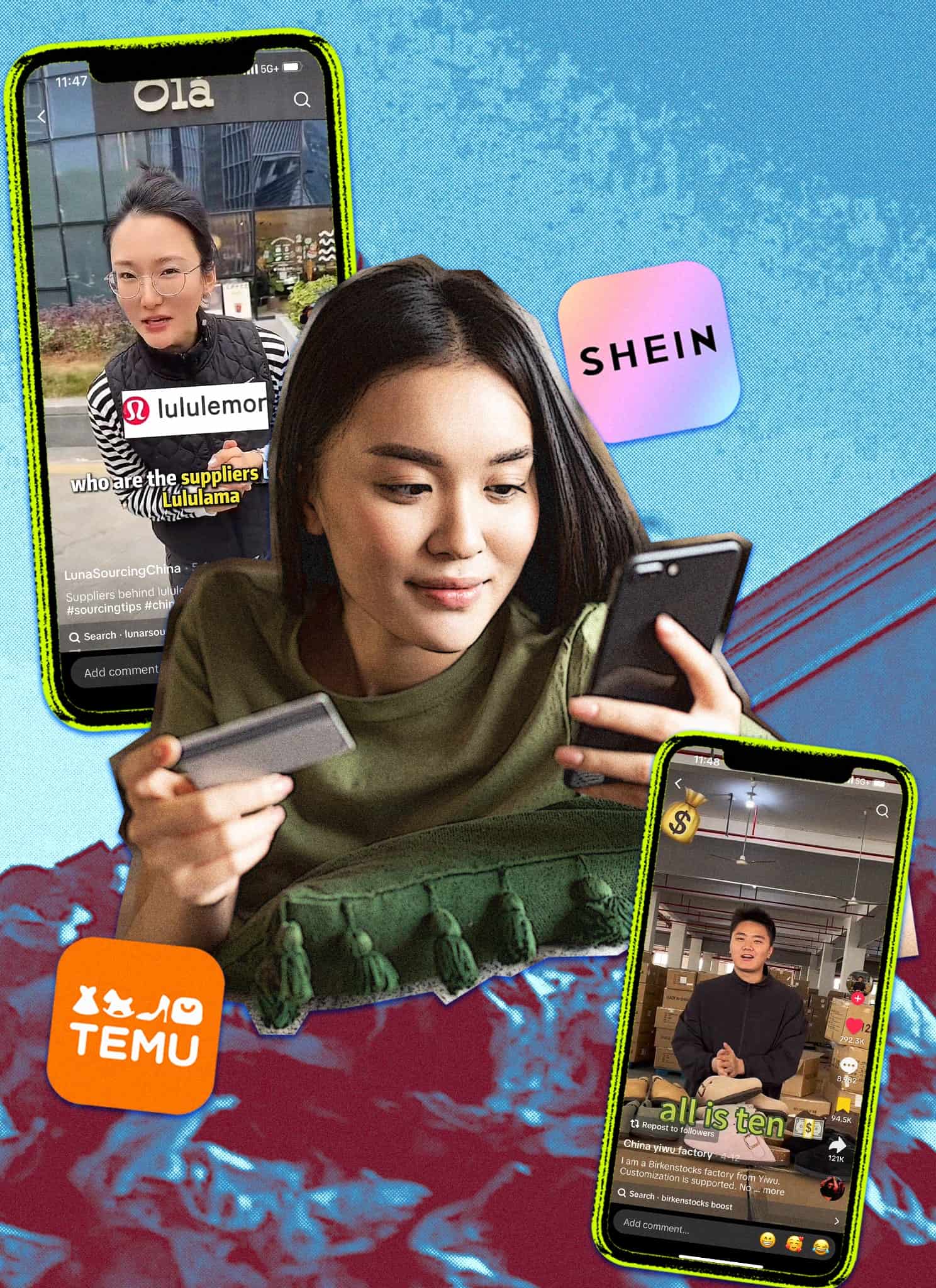 Collage of a woman shopping online on her phone, with two TikToks showing, and the logos for Temu and Shein.